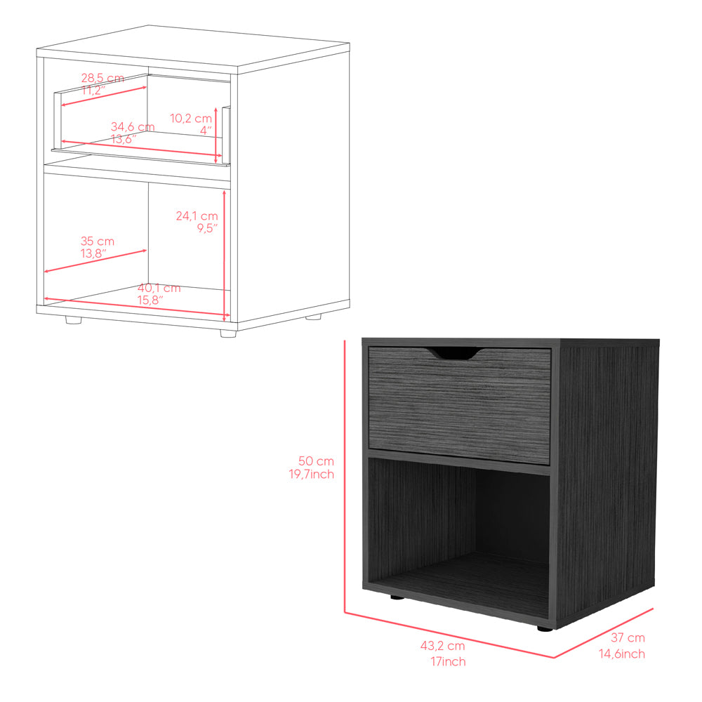 Modern grey wood bedside table with one drawer and open shelf storage Dimensions shown