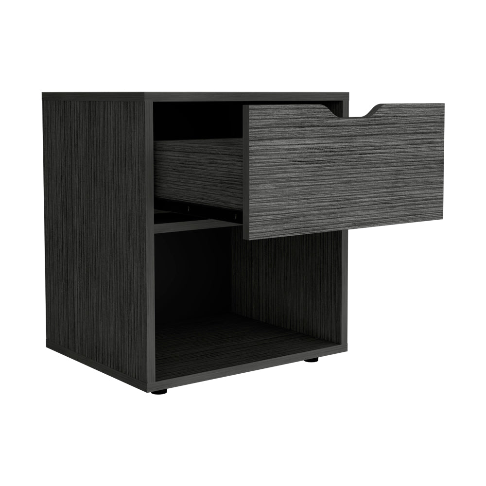 Modern grey wood grain nightstand with open shelf and extended drawer