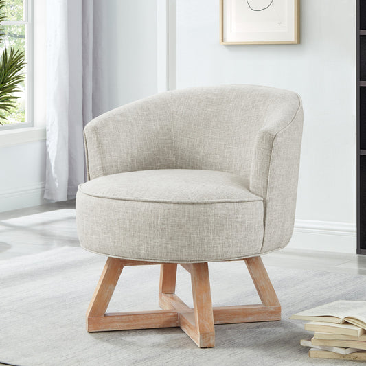 Textured beige swivel chair with distressed wood base accent chair
