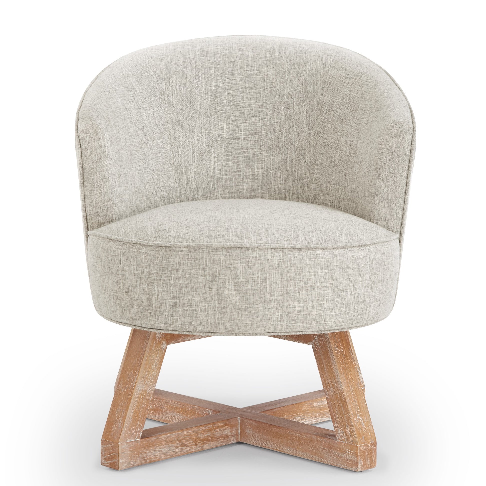 Upholstered swivel accent chair in light grey linen with a distressed wood base