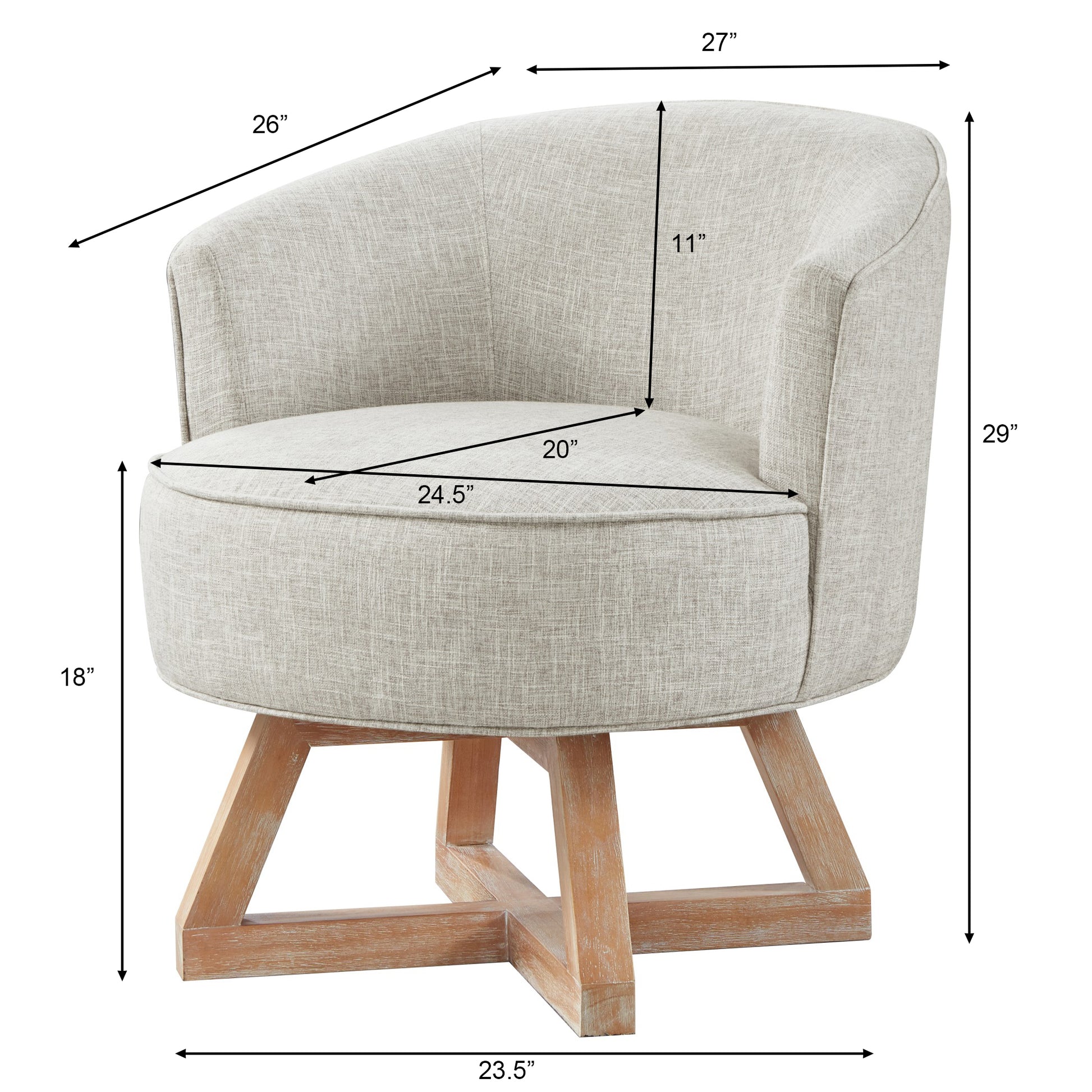 Light grey textured fabric accent chair with a curved back and wooden base