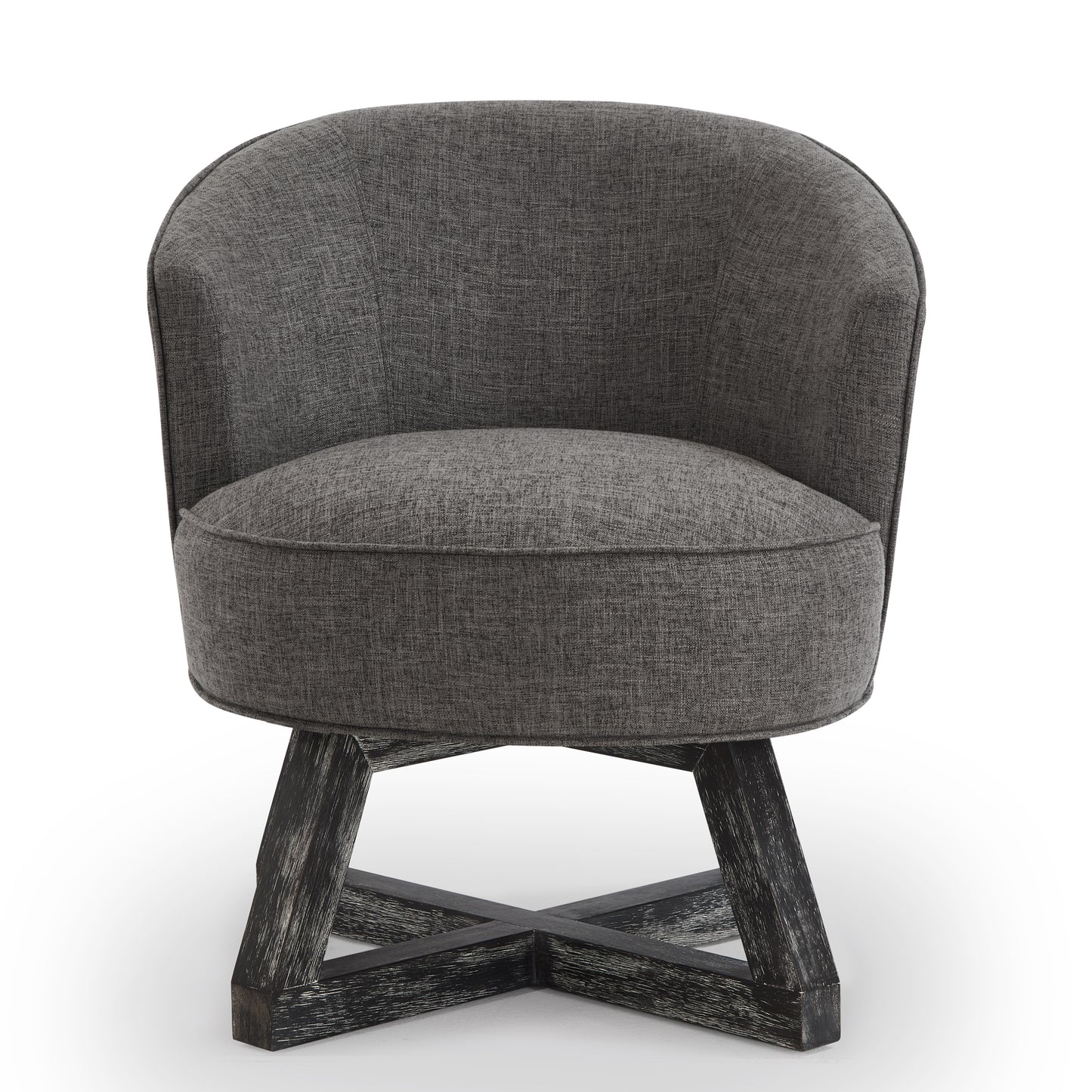 Dark grey textured fabric swivel accent chair with distressed black wood base