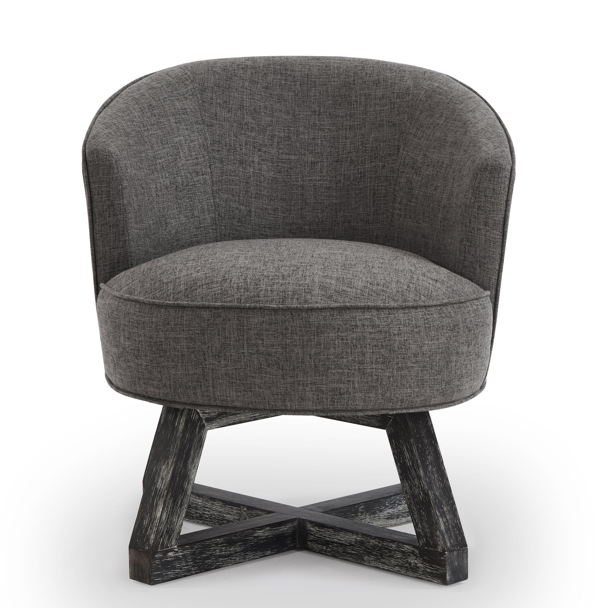 Dark grey textured fabric swivel accent chair with distressed black wood base
