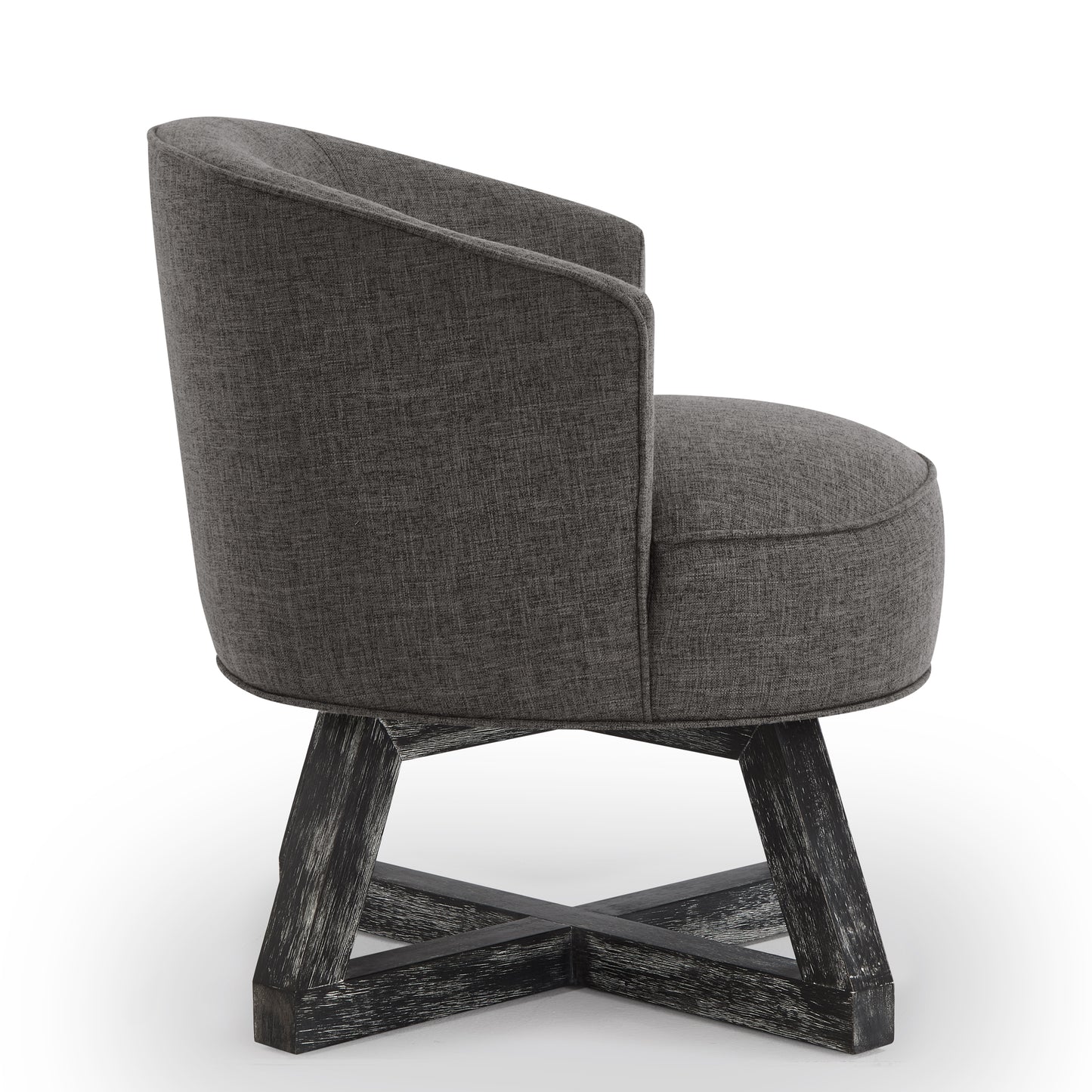 Dark gray upholstered swivel accent chair with distressed wood base