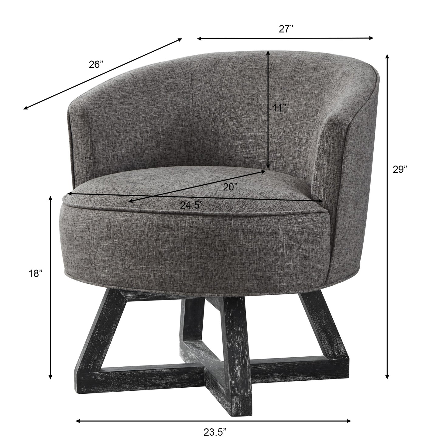 Gray fabric swivel accent chair with dark wood base  W x  H