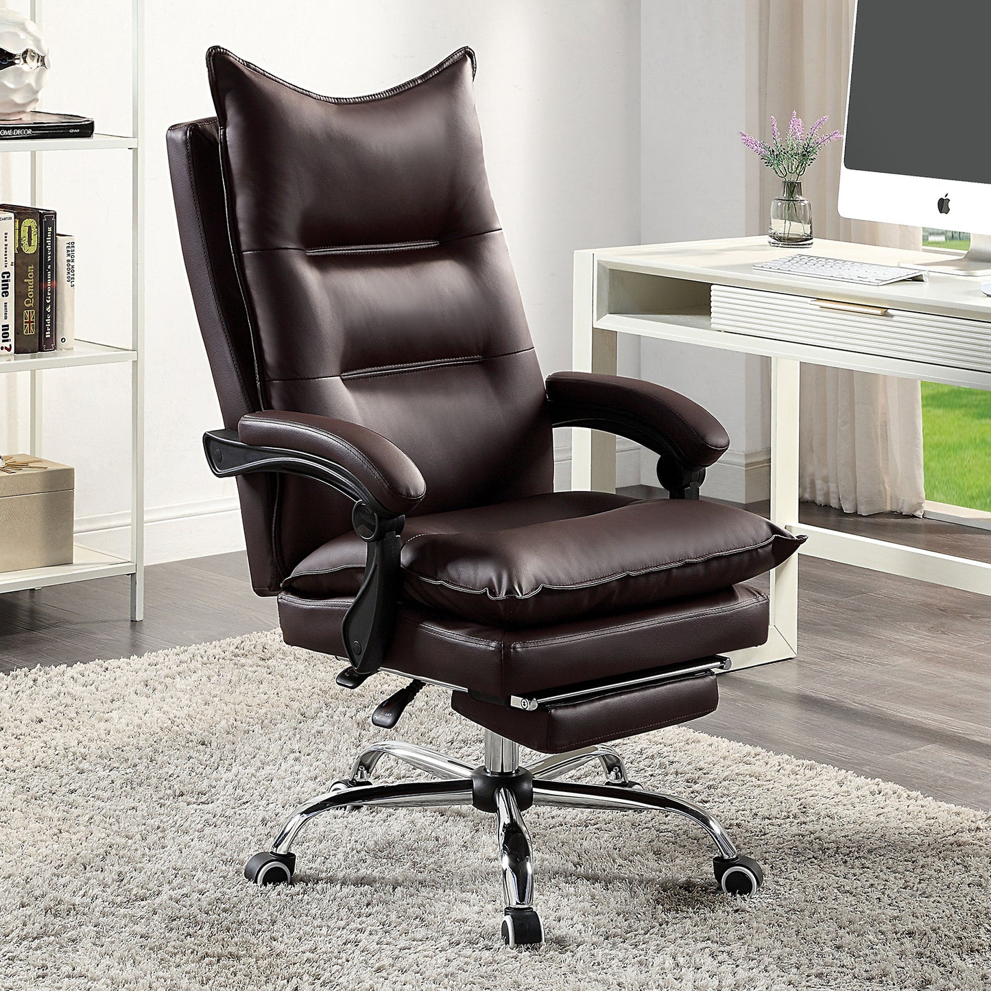 TREATLIFE HOME Contemporary Office Chair with Padded Armrests, Adjustable Height and Recline Feature, Brown Leatherette