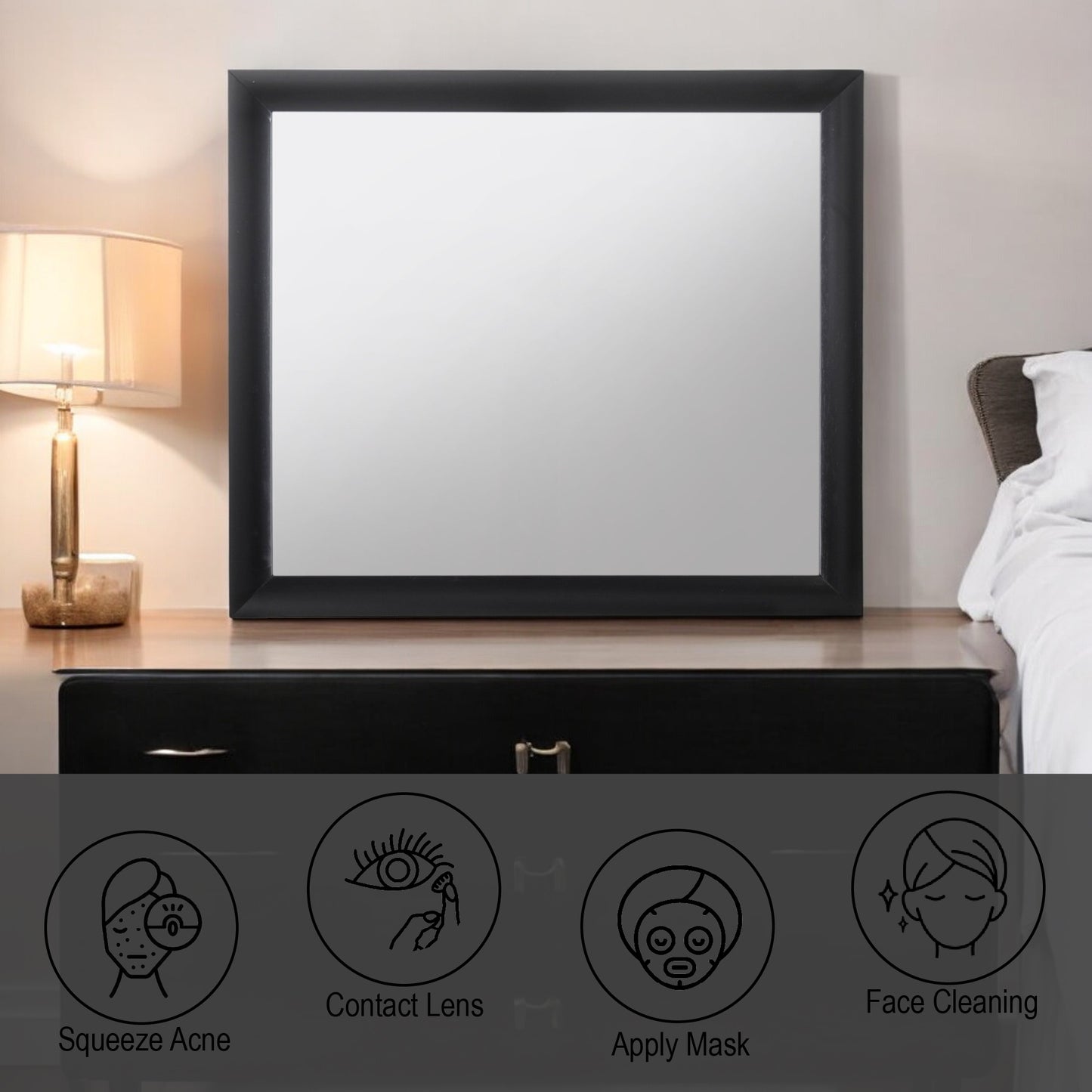Square black framed vanity mirror on a dresser