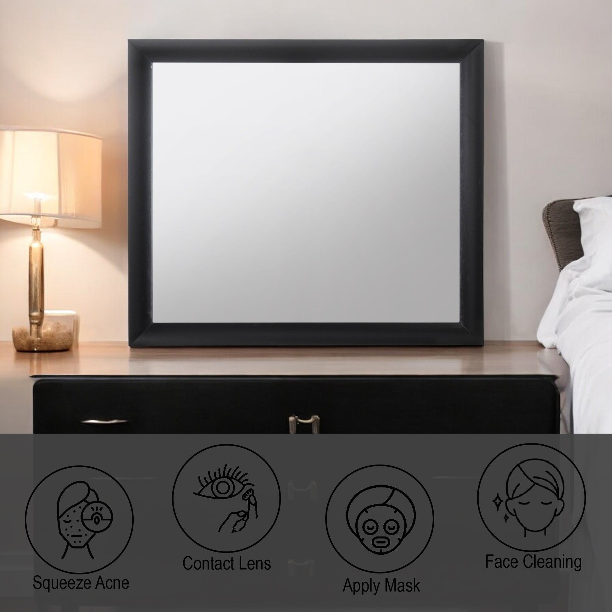 Square black framed vanity mirror on a dresser