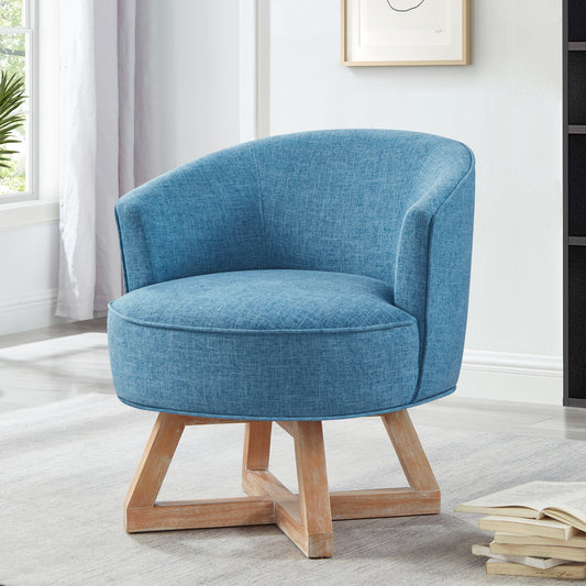 Comfortable blue upholstered swivel chair with a modern wooden base