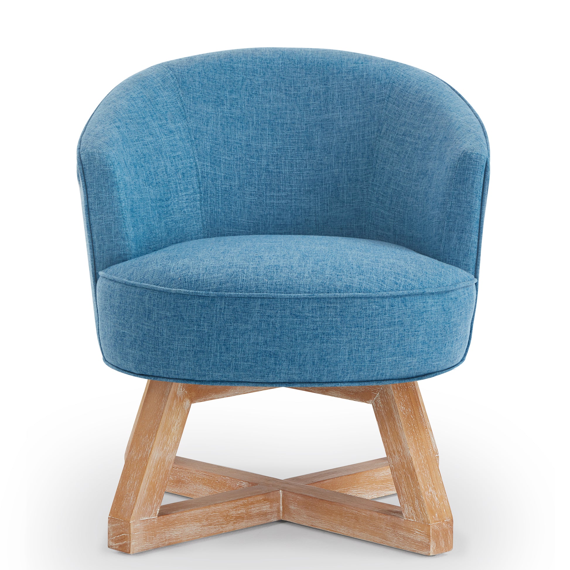 Comfortable blue fabric accent chair with a swivel base and natural wood legs