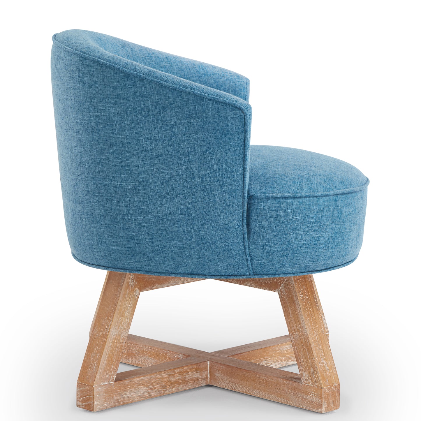 Blue upholstered accent chair with a swivel base and wooden legs