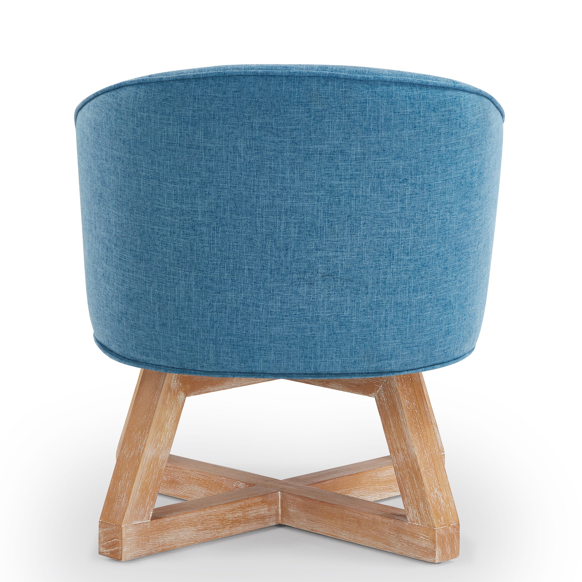 Curved blue upholstered accent chair with distressed wood base