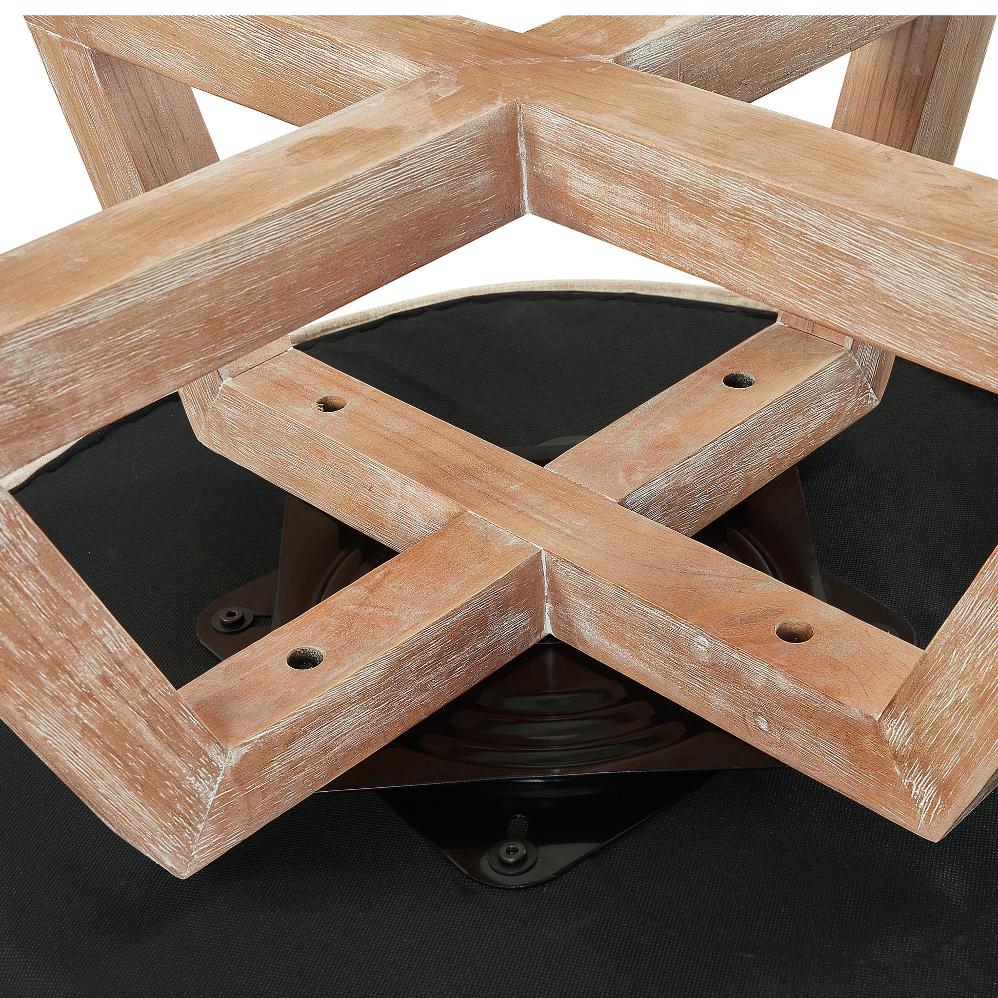 Distressed wood swivel base with Xframe detail on a black upholstered seat