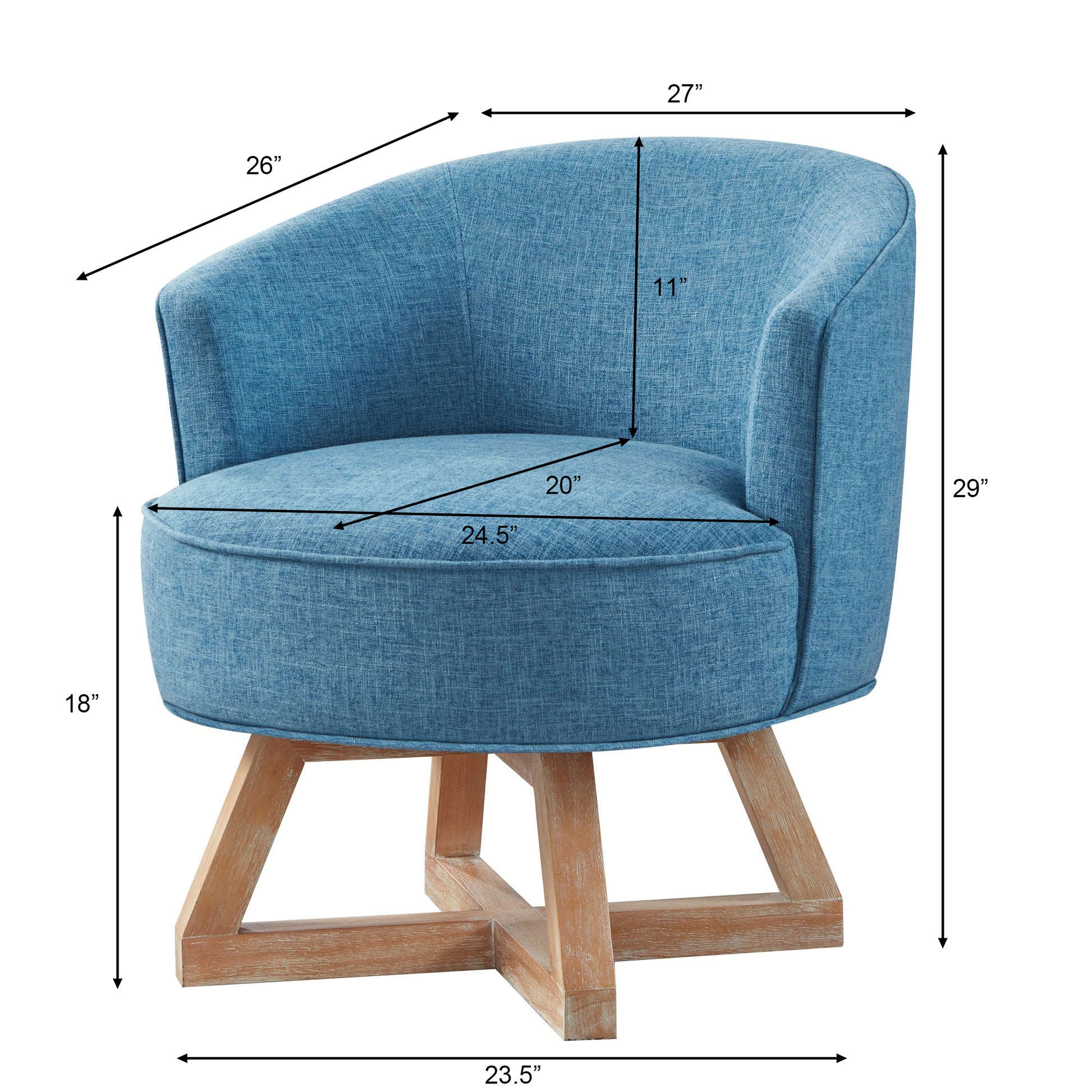 Textured blue fabric armchair with wooden cross base