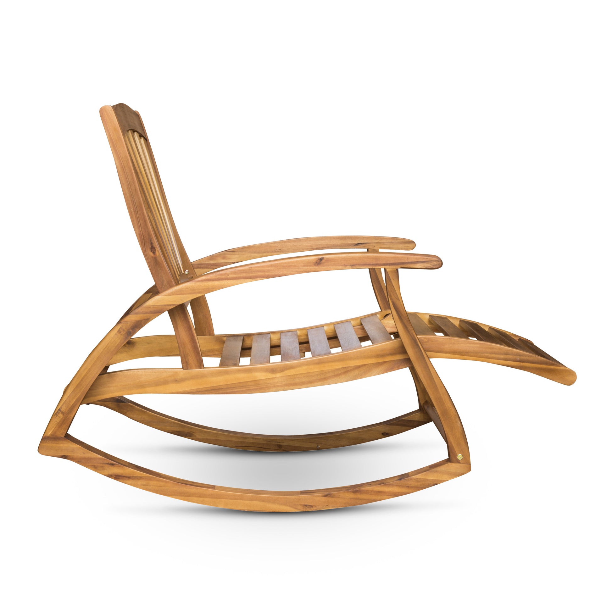 Solid wood rocking chair with curved armrests and slatted seat perfect for patio relaxation