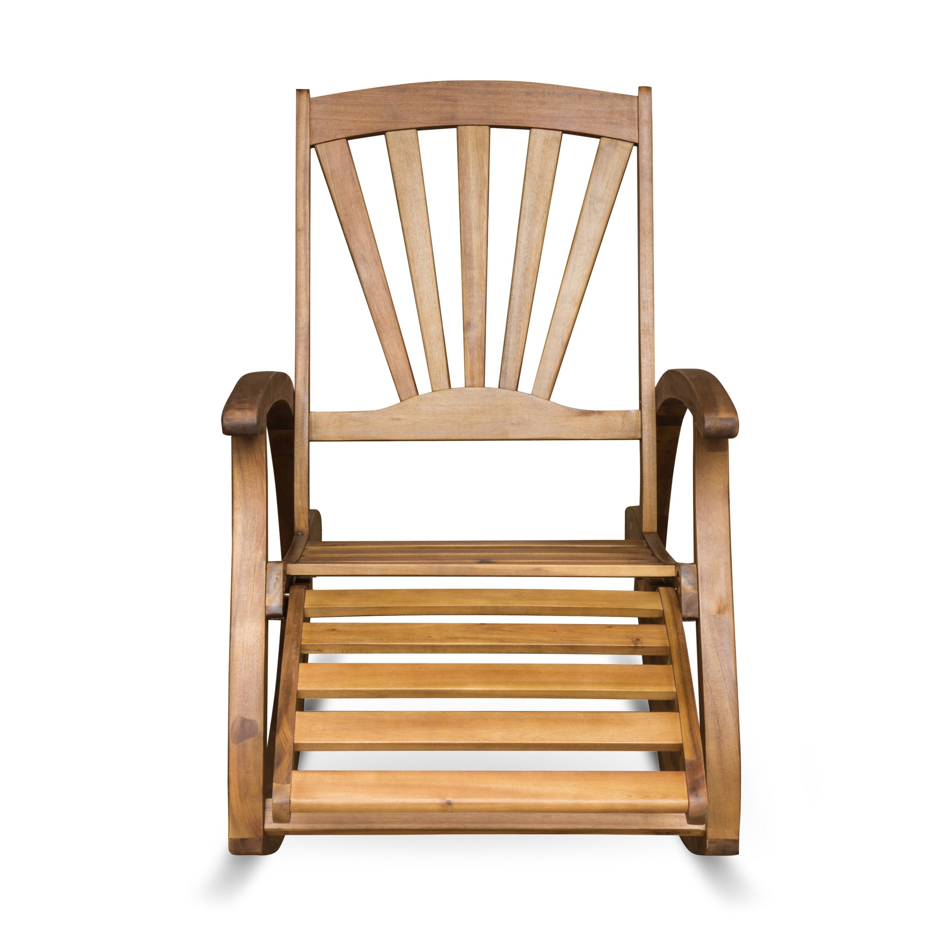 Natural wood rocking chair with fanshaped back and slatted seat perfect for outdoor relaxation