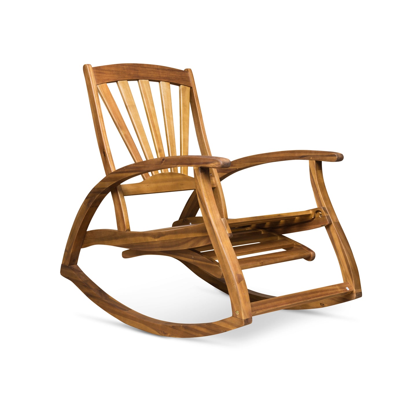Natural wood rocking chair with slatted back and curved armrests for relaxation