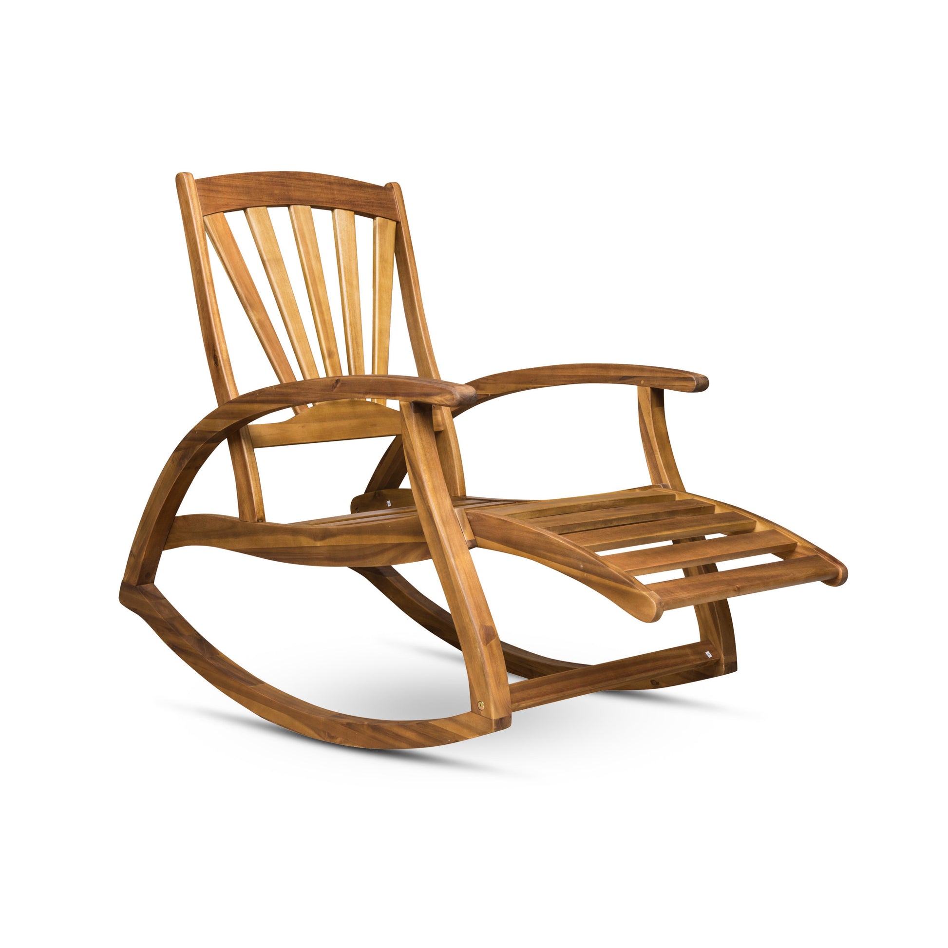 Wooden rocking chair with curved armrests and slatted seat for relaxation