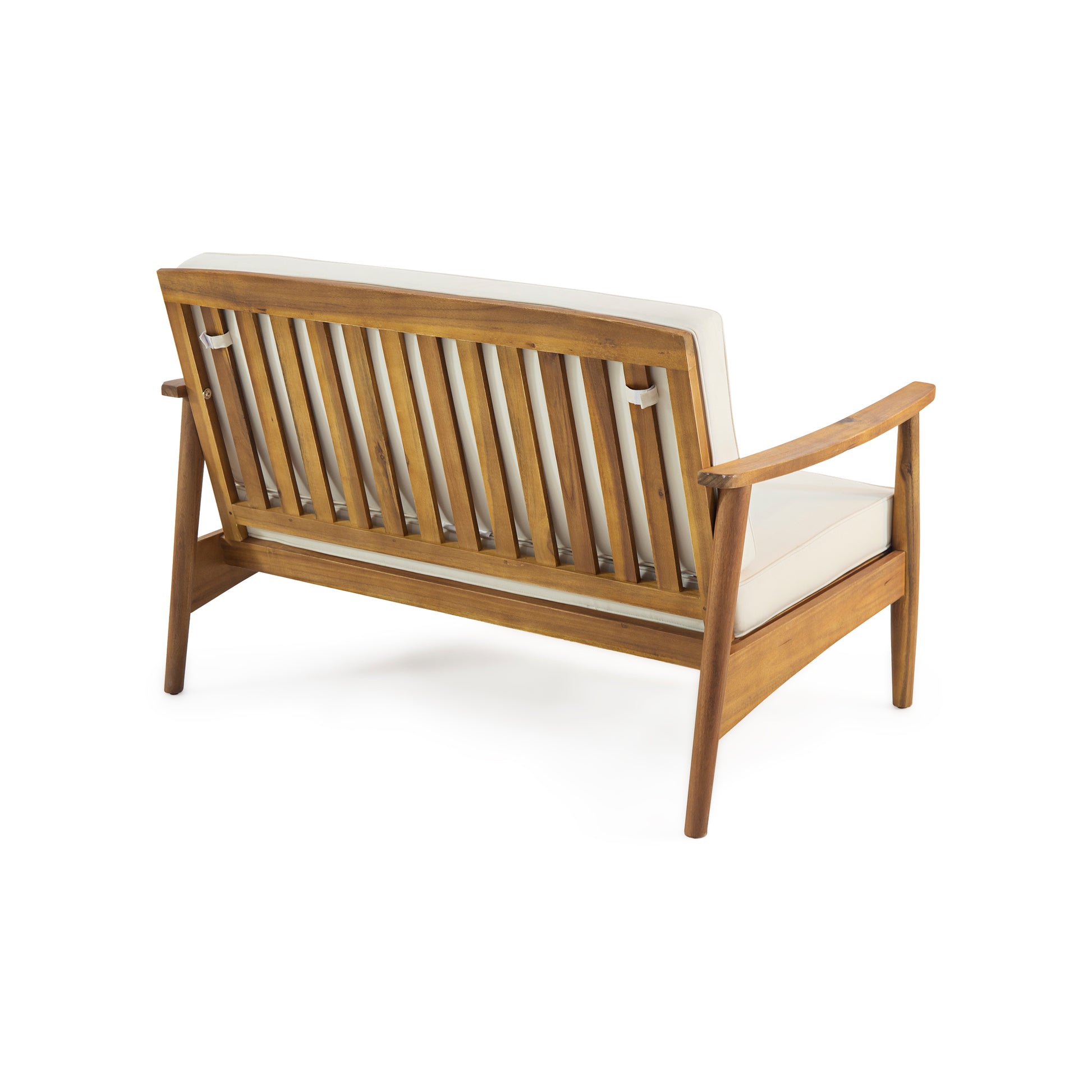 Wooden outdoor loveseat with cream cushions slatted back and arms