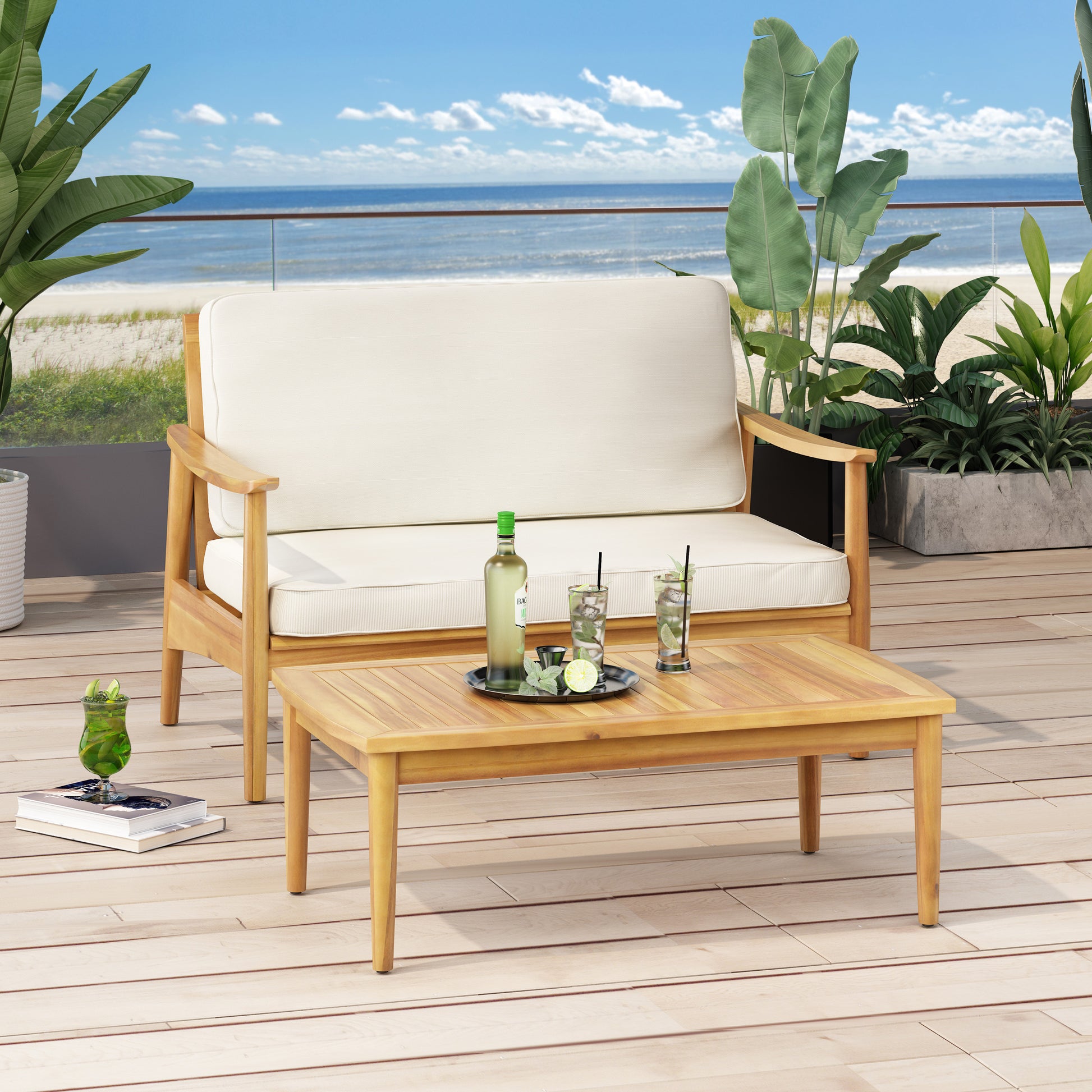 Teak wood patio loveseat with cream cushions perfect for outdoor seating