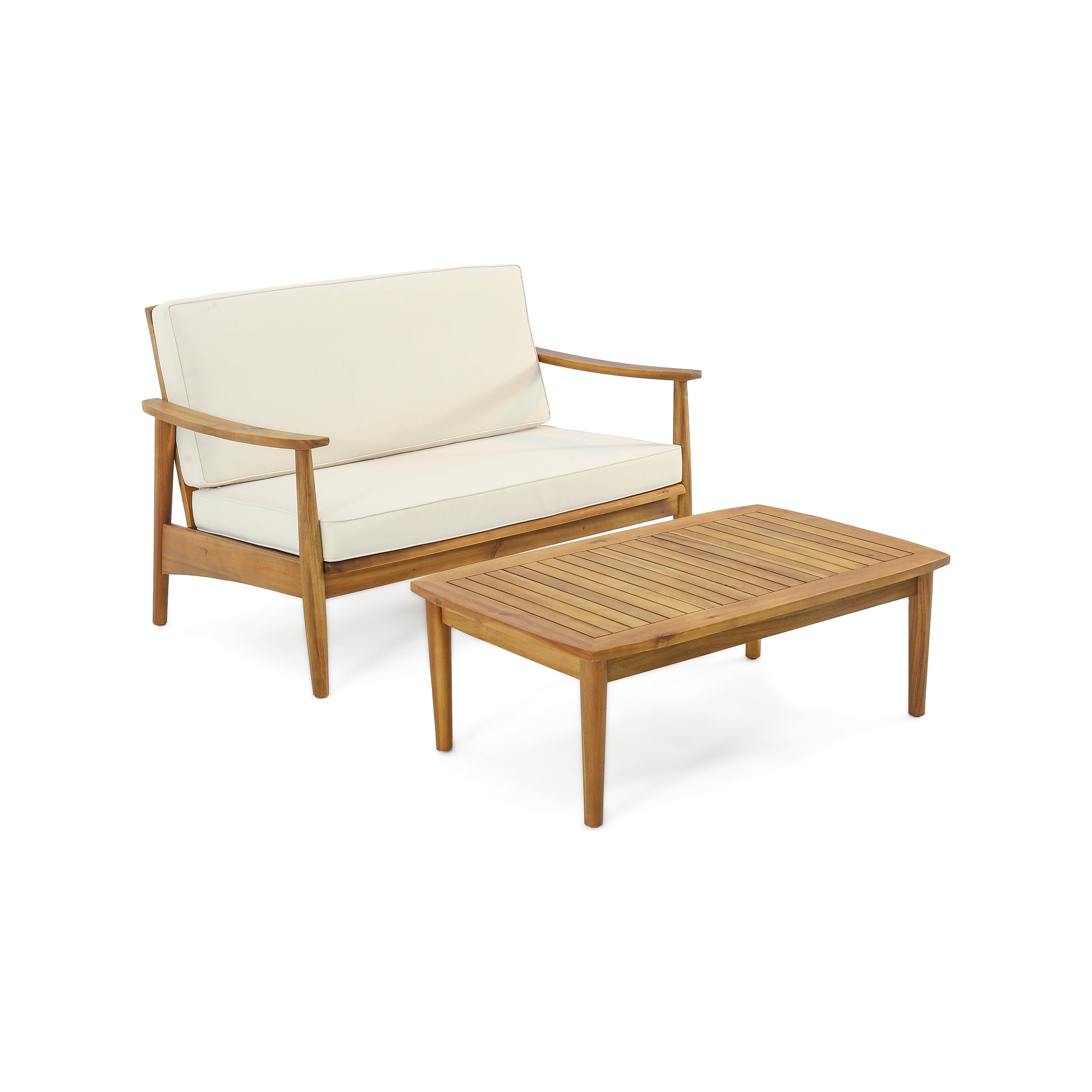 Wooden patio loveseat with cream cushions and slatted coffee table