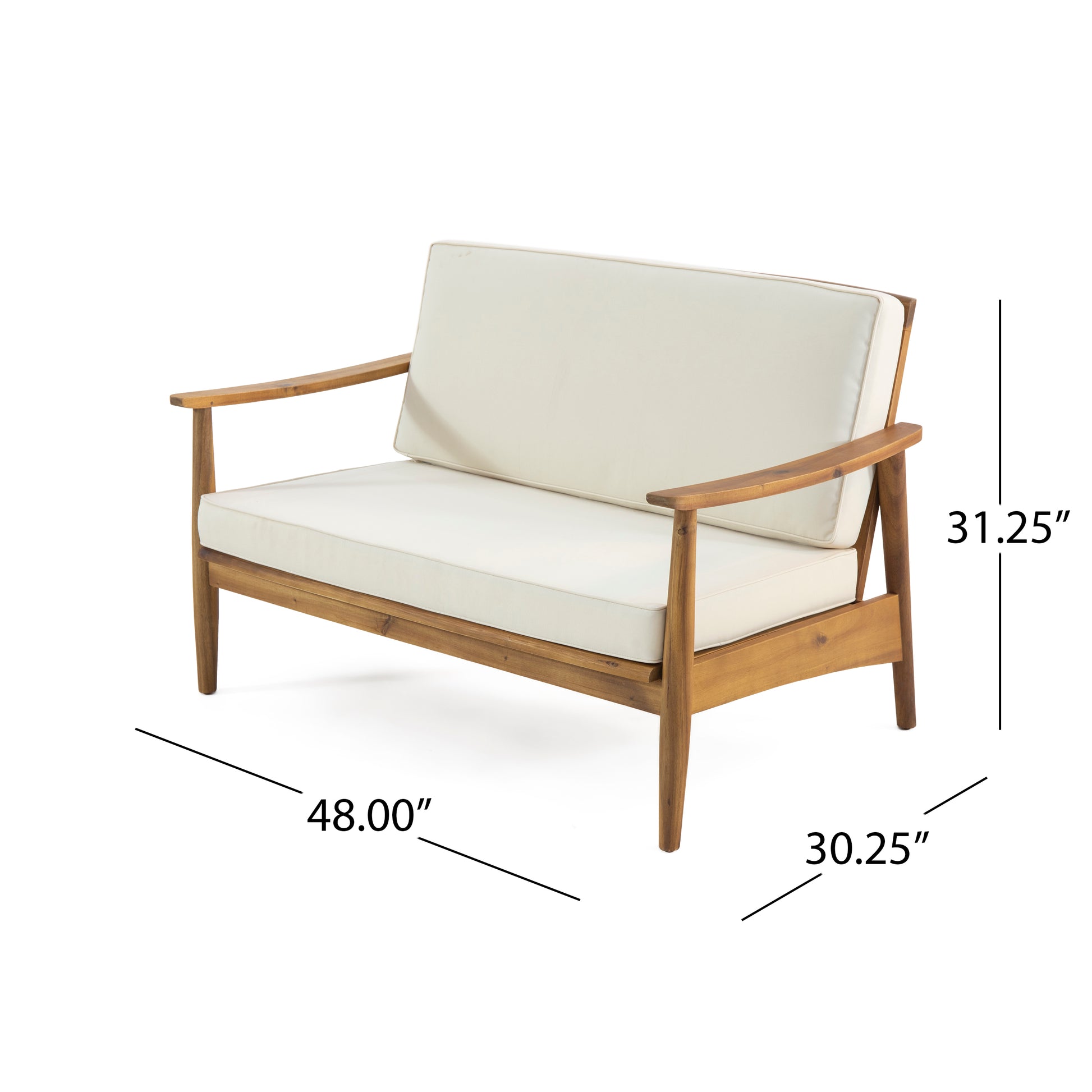 Wooden loveseat with cream cushions and modern design perfect for outdoor patios