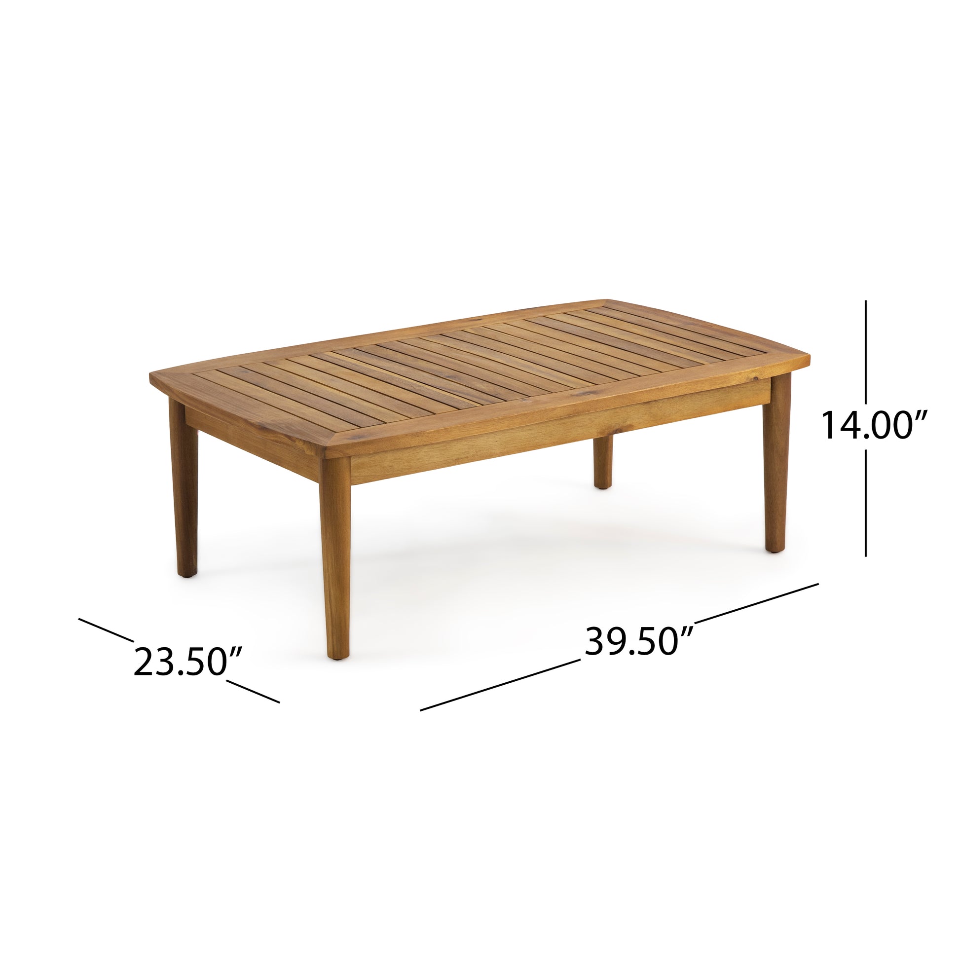 Rectangular slatted wood coffee table with tapered legs natural finish measuring  x  x