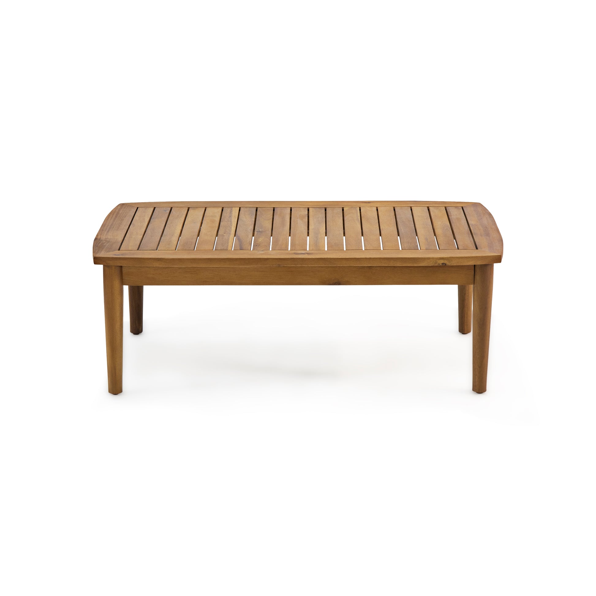 Natural wood slat coffee table with rounded edges and tapered legs perfect for outdoor seating areas