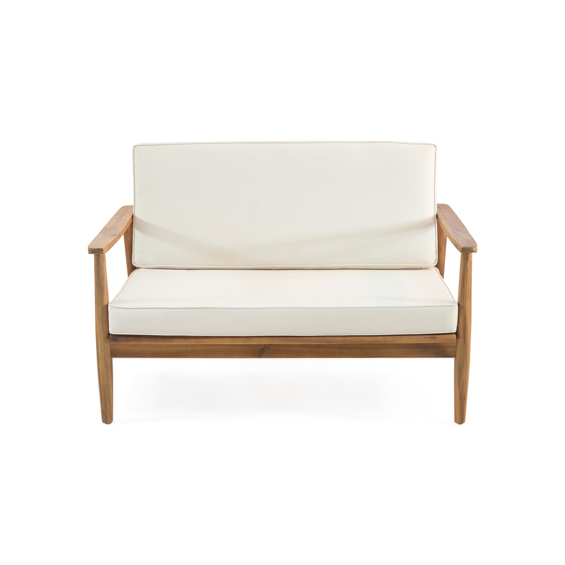 Wooden patio loveseat with offwhite cushions and clean lines