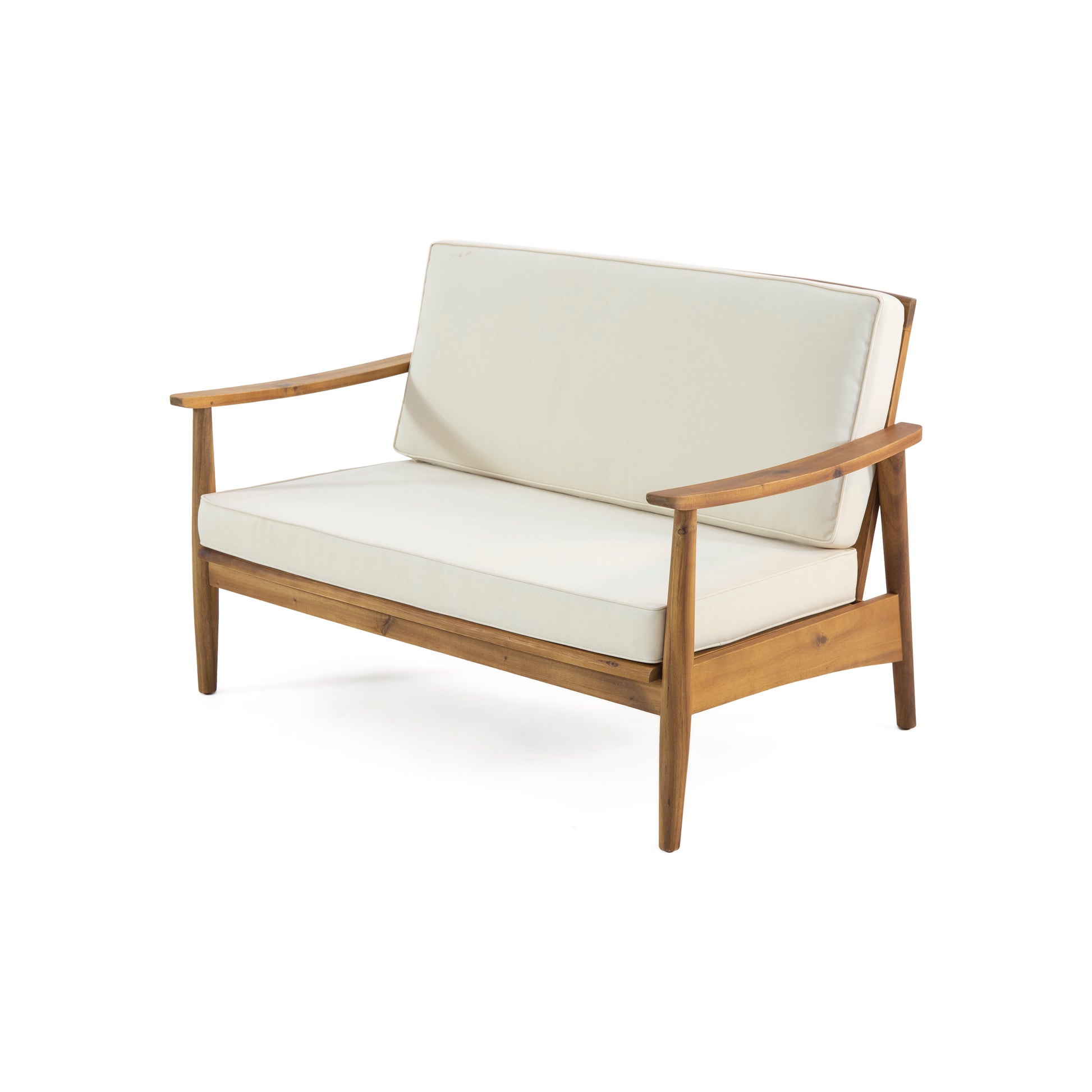 Midcentury modern wooden loveseat with cream cushions ideal for compact living spaces