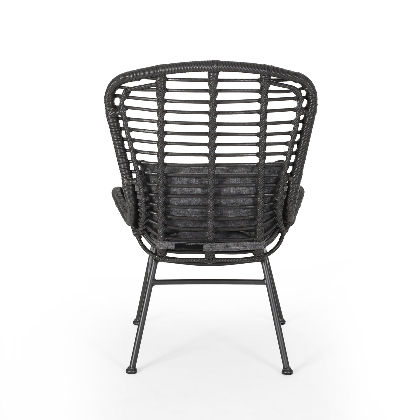 Dark grey rattan armchair with woven back and charcoal cushion