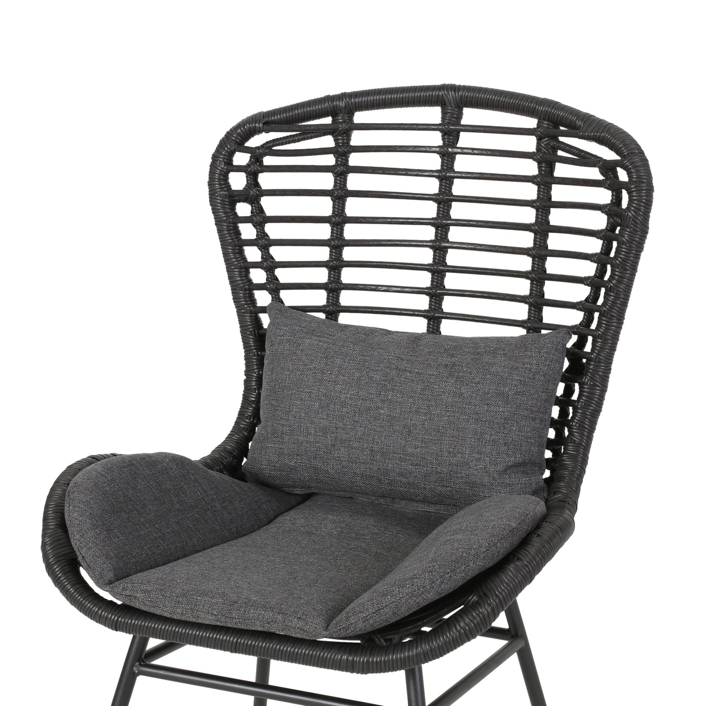 Black rattan outdoor chair with grey cushions and high back