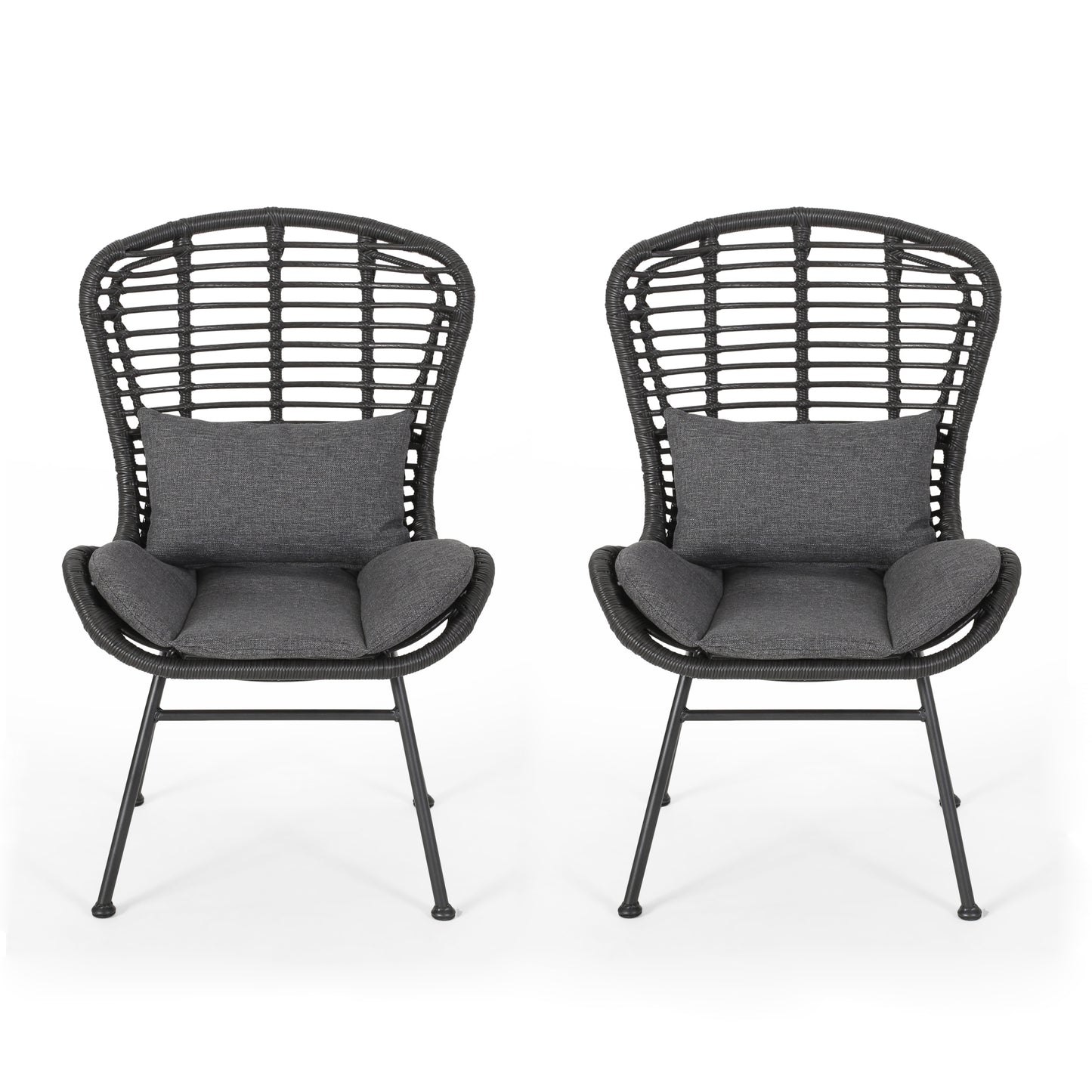 Pair of dark grey wicker patio chairs with charcoal cushions and metal legs