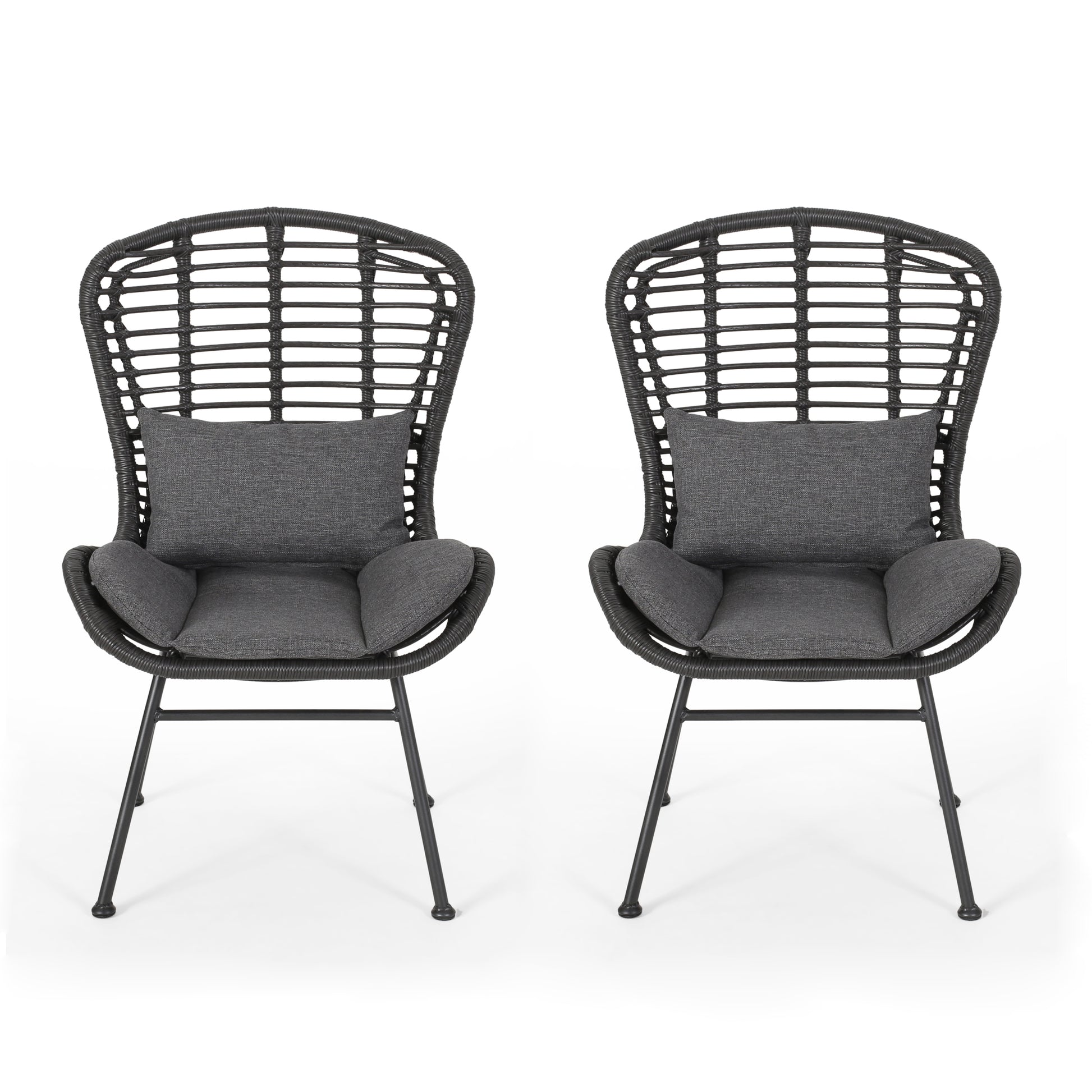 Pair of dark grey wicker patio chairs with charcoal cushions and metal legs