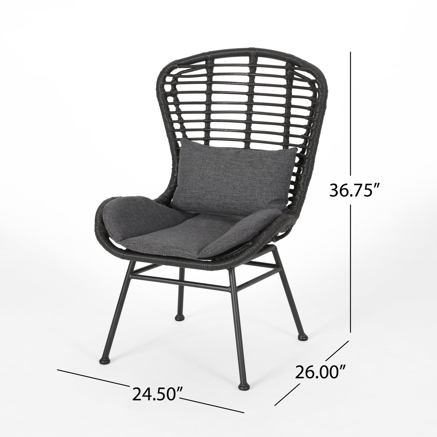 Black wicker patio chair with gray seat and back cushions