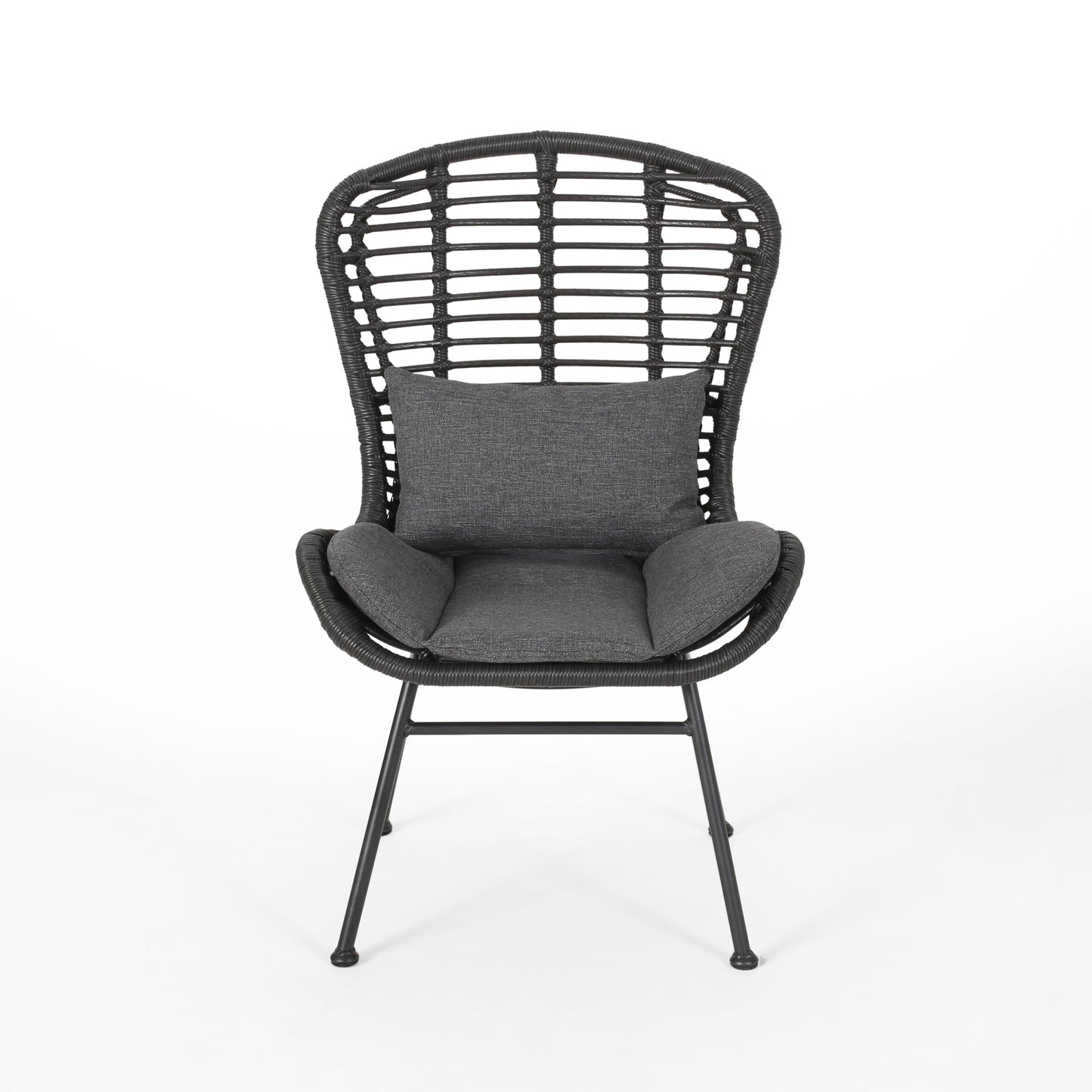 Black rattan peacock chair with grey cushions for outdoor seating