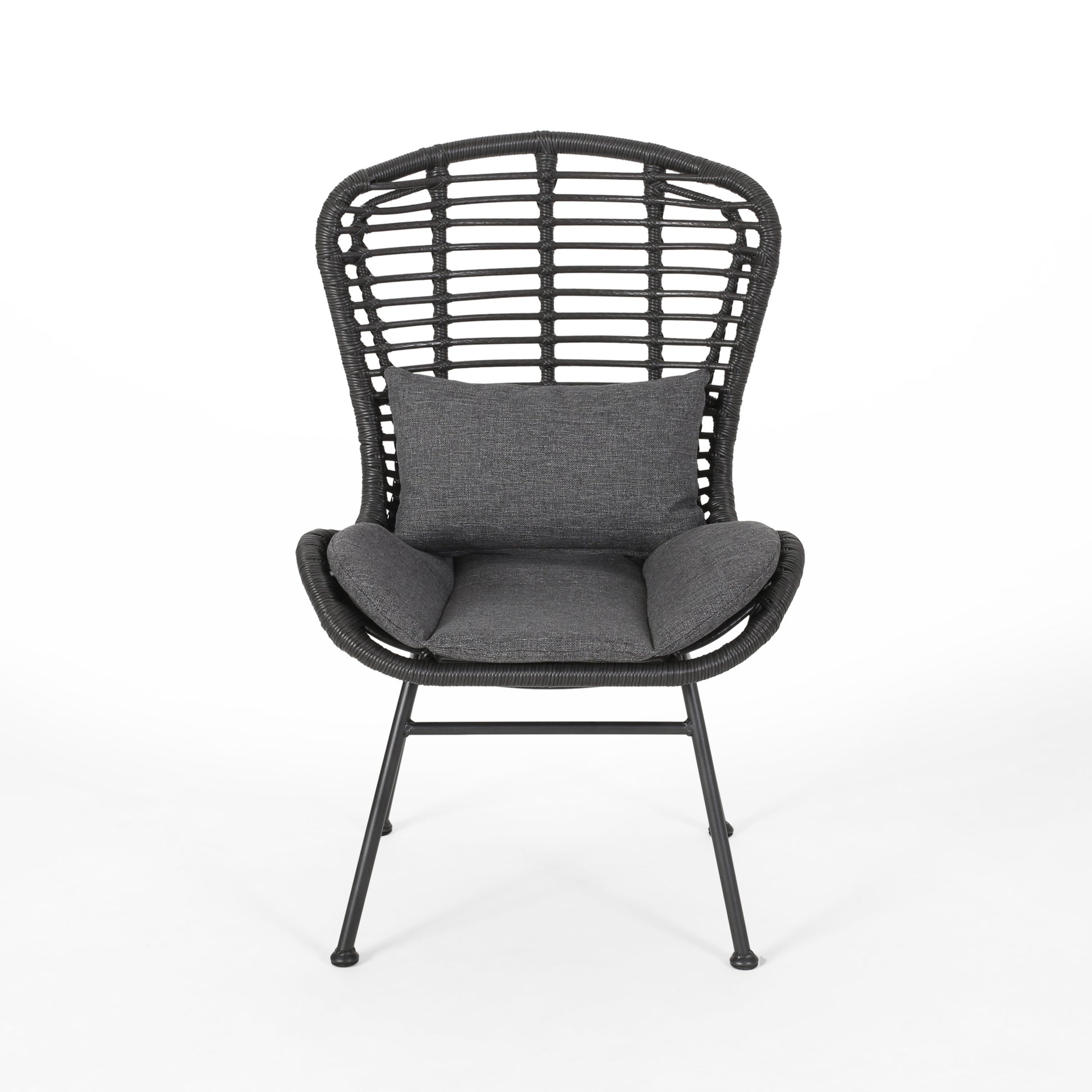 Black rattan peacock chair with grey cushions for outdoor seating