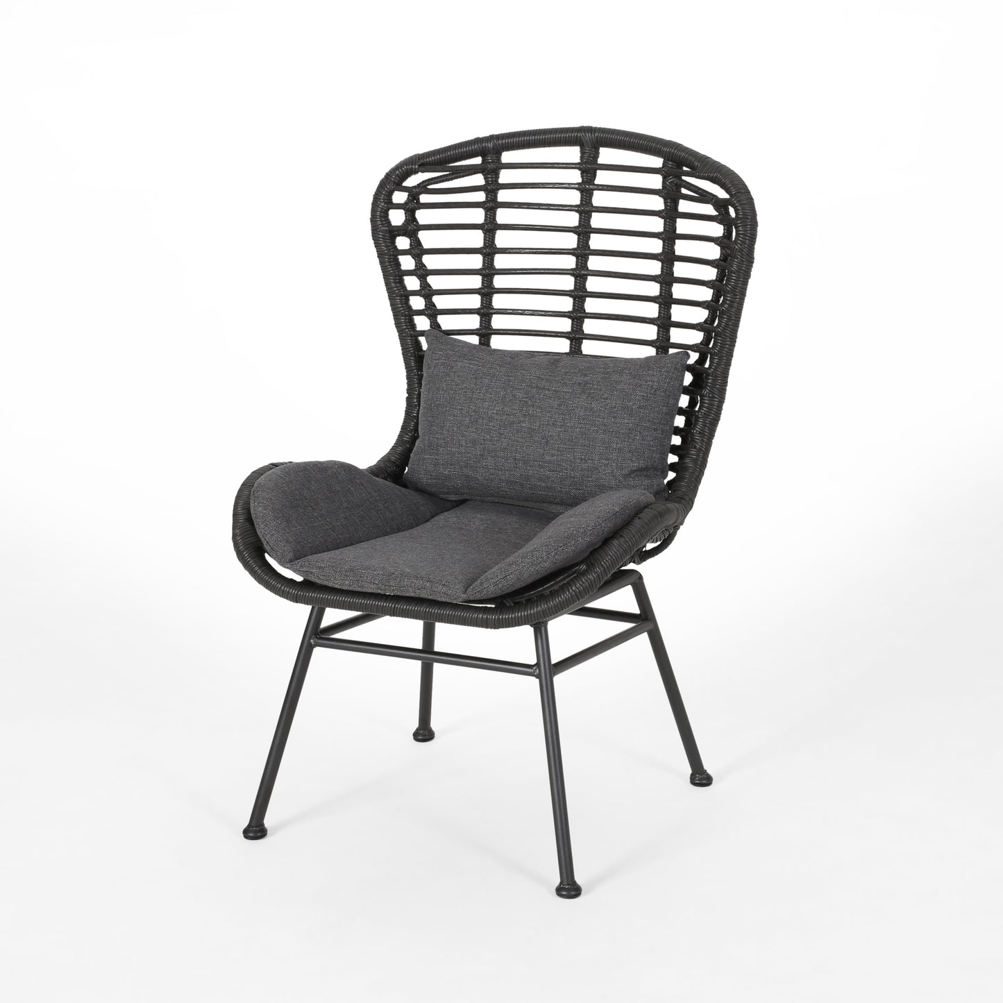 Black wicker chair with dark gray cushions and a high woven back for patio use