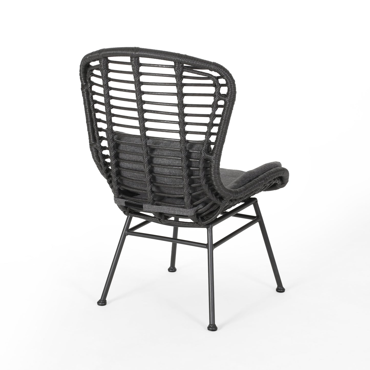 Dark gray rattan chair with a comfortable seat cushion and metal legs