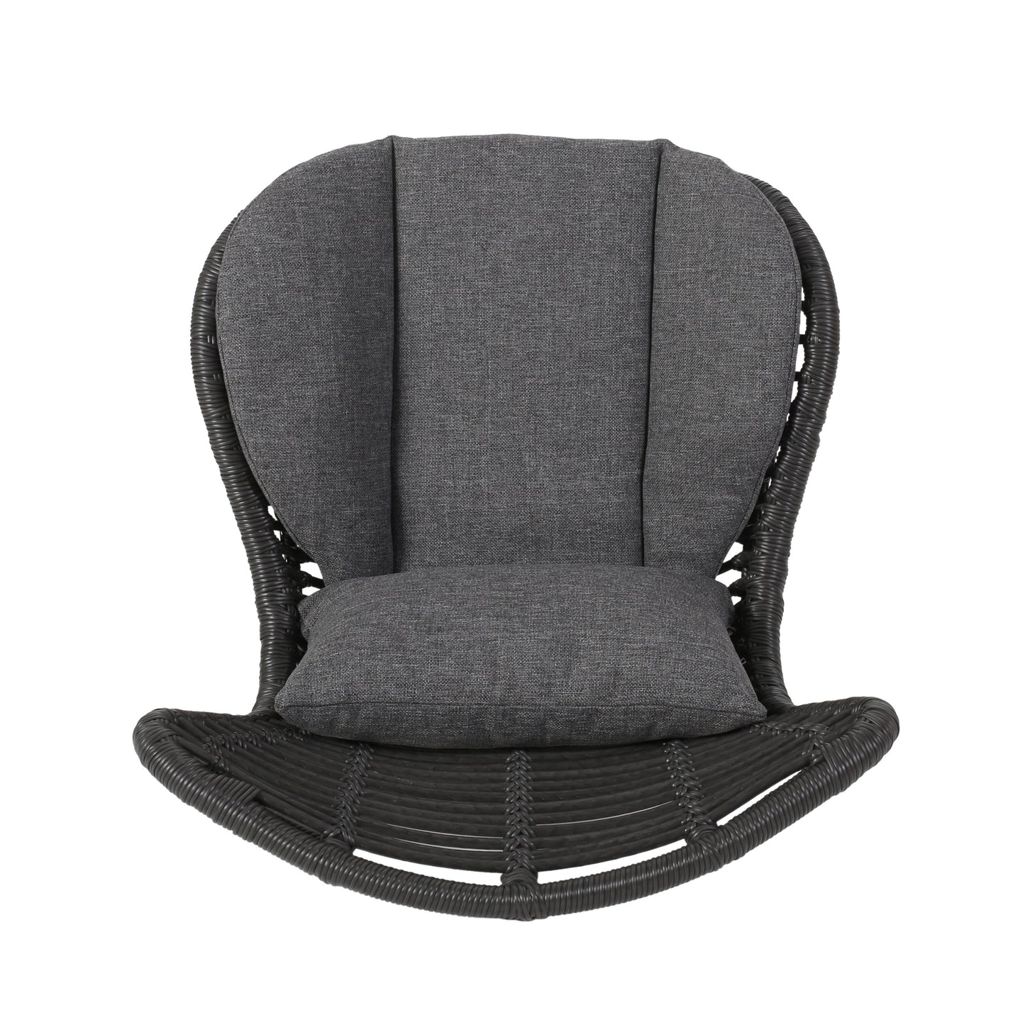 Dark gray woven rattan egg chair with plush seat cushion perfect for patio relaxation