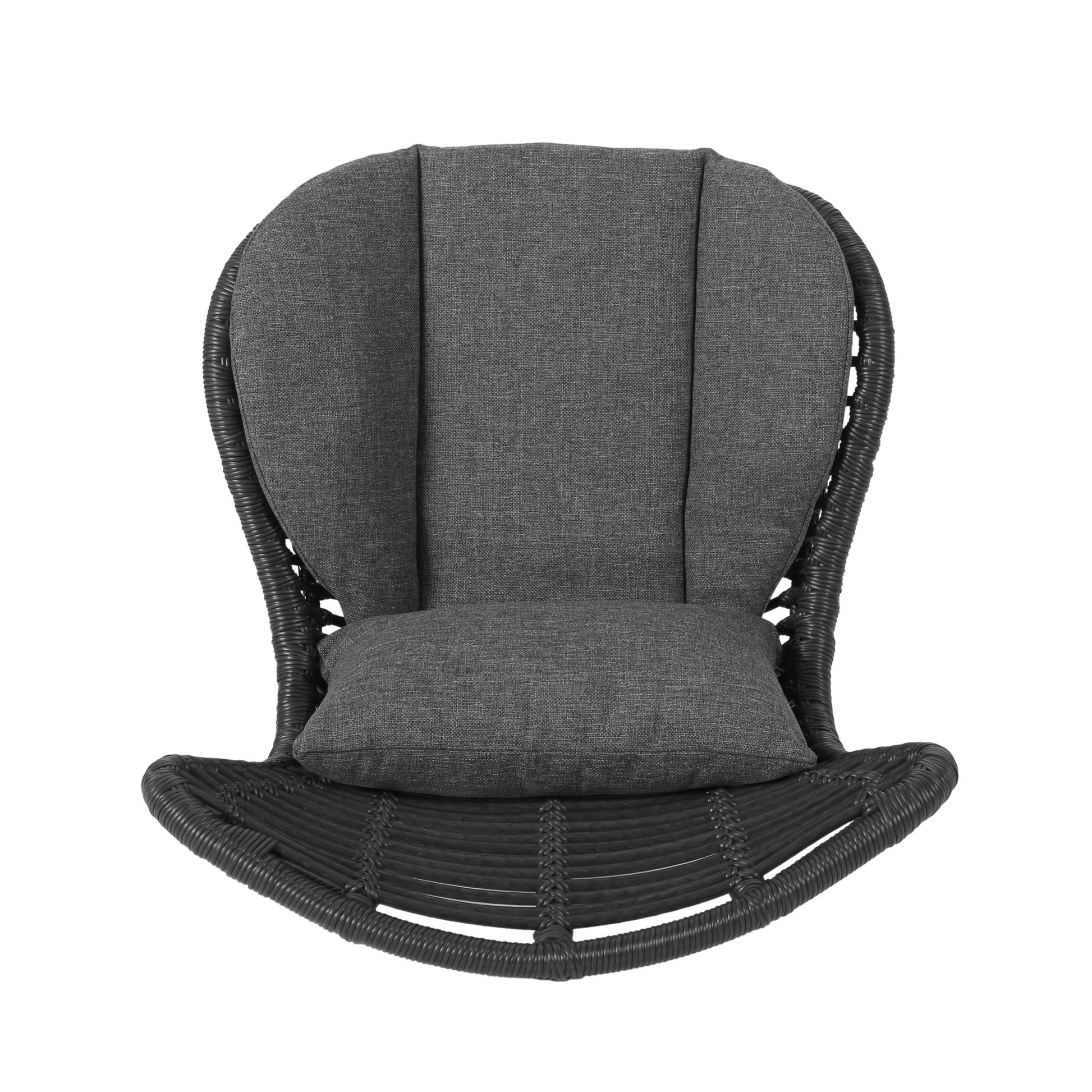 Dark gray woven rattan egg chair with plush seat cushion perfect for patio relaxation