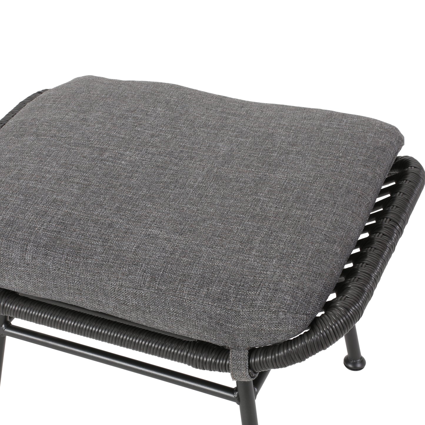 Gray upholstered ottoman with woven dark gray frame and black metal legs