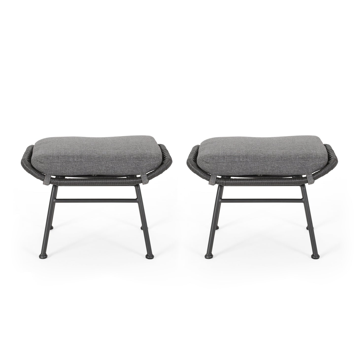 Two grey upholstered woven outdoor ottomans with black metal legs