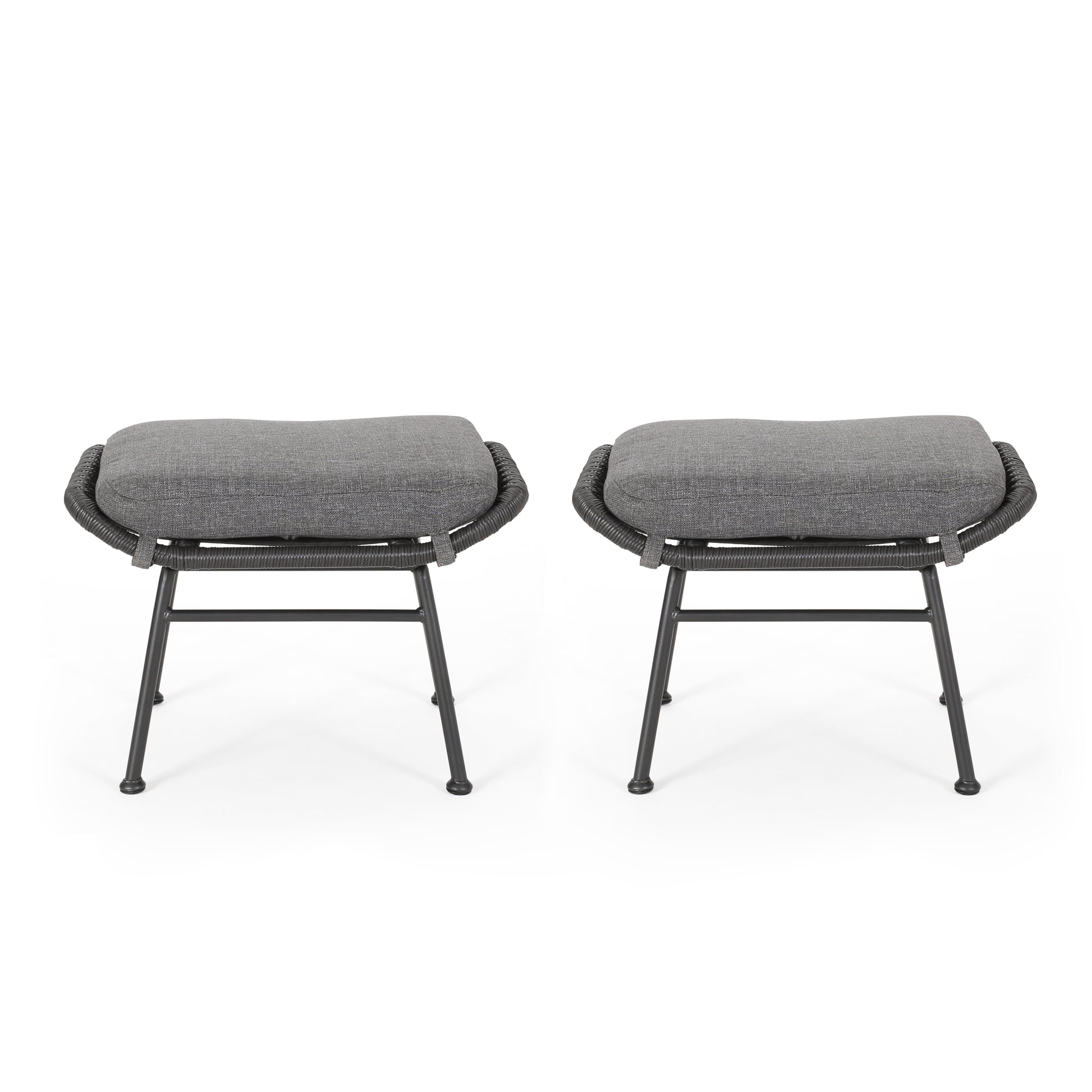 Two grey upholstered woven outdoor ottomans with black metal legs