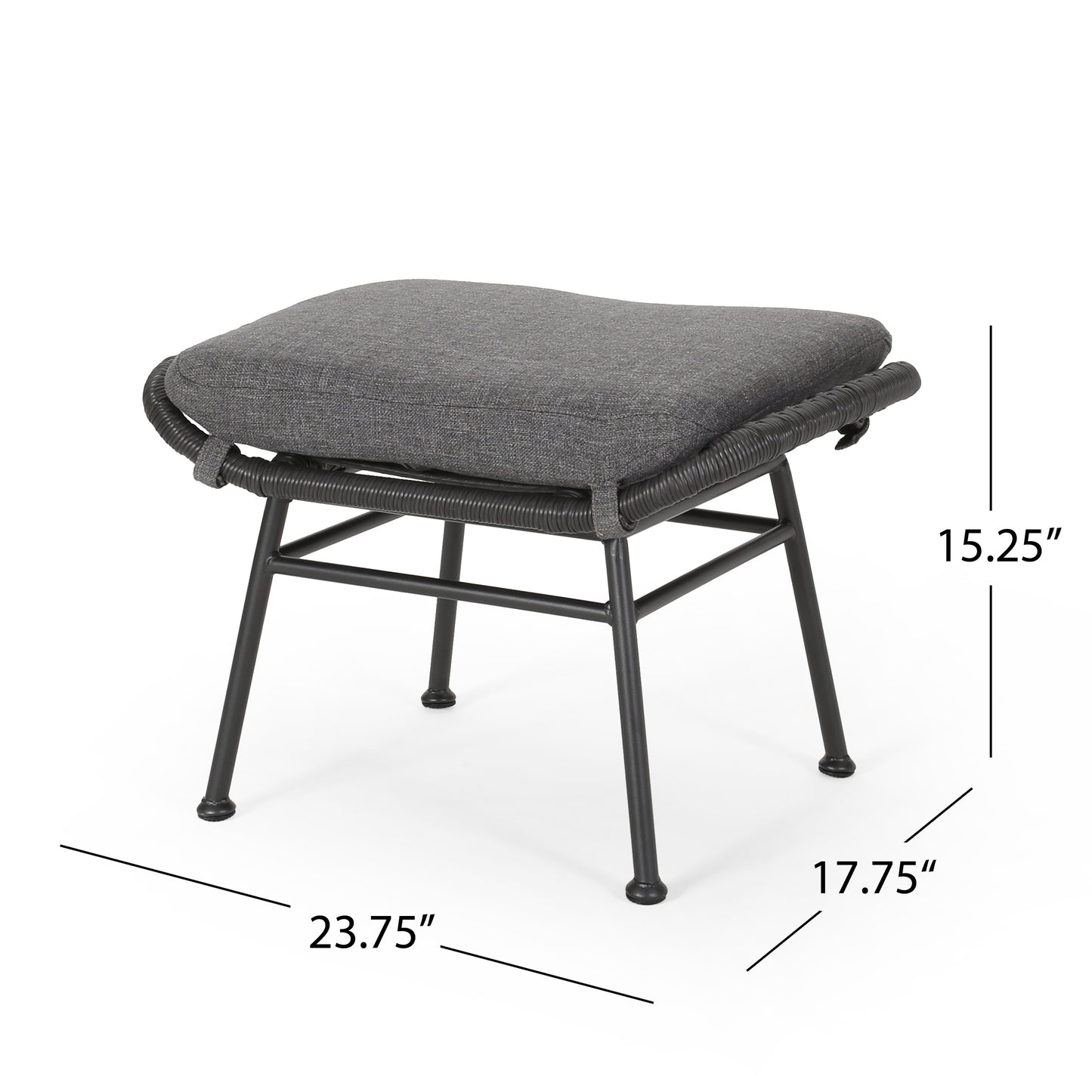 Grey fabric upholstered ottoman with black wicker wrap and metal legs