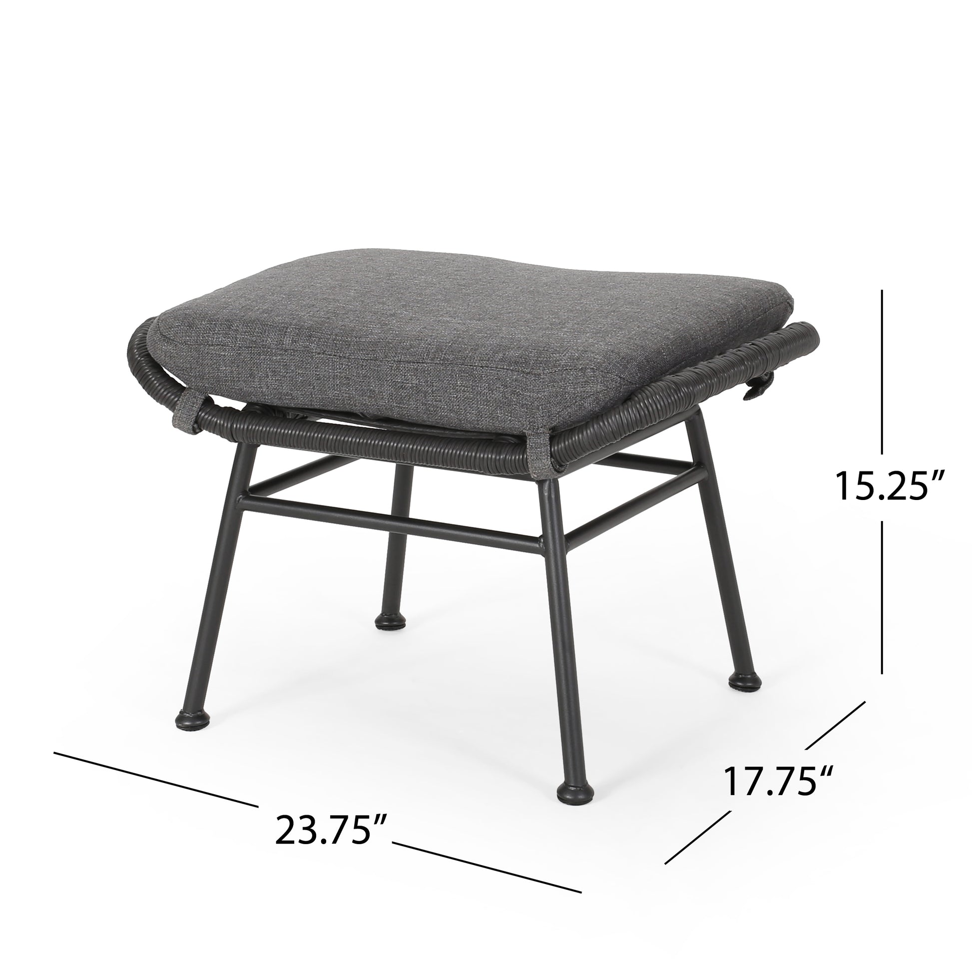 Grey fabric upholstered ottoman with black wicker wrap and metal legs