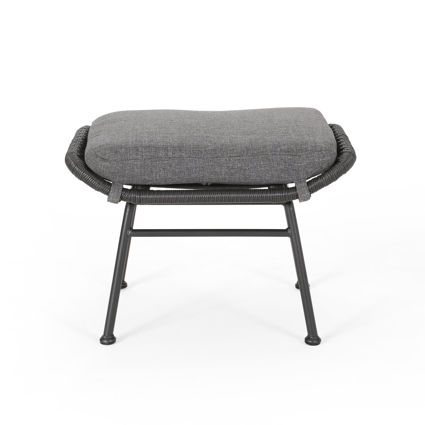 Gray upholstered outdoor ottoman with woven dark gray frame and black metal legs