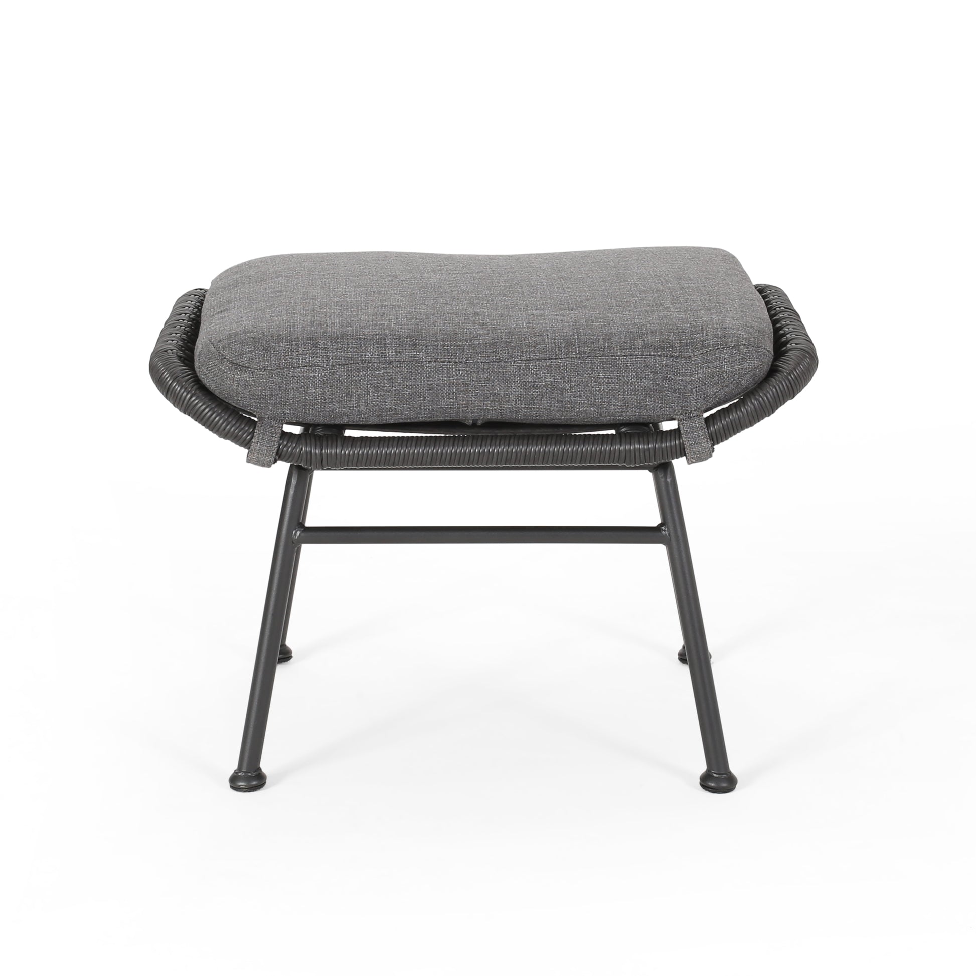 Gray upholstered outdoor ottoman with woven dark gray frame and black metal legs