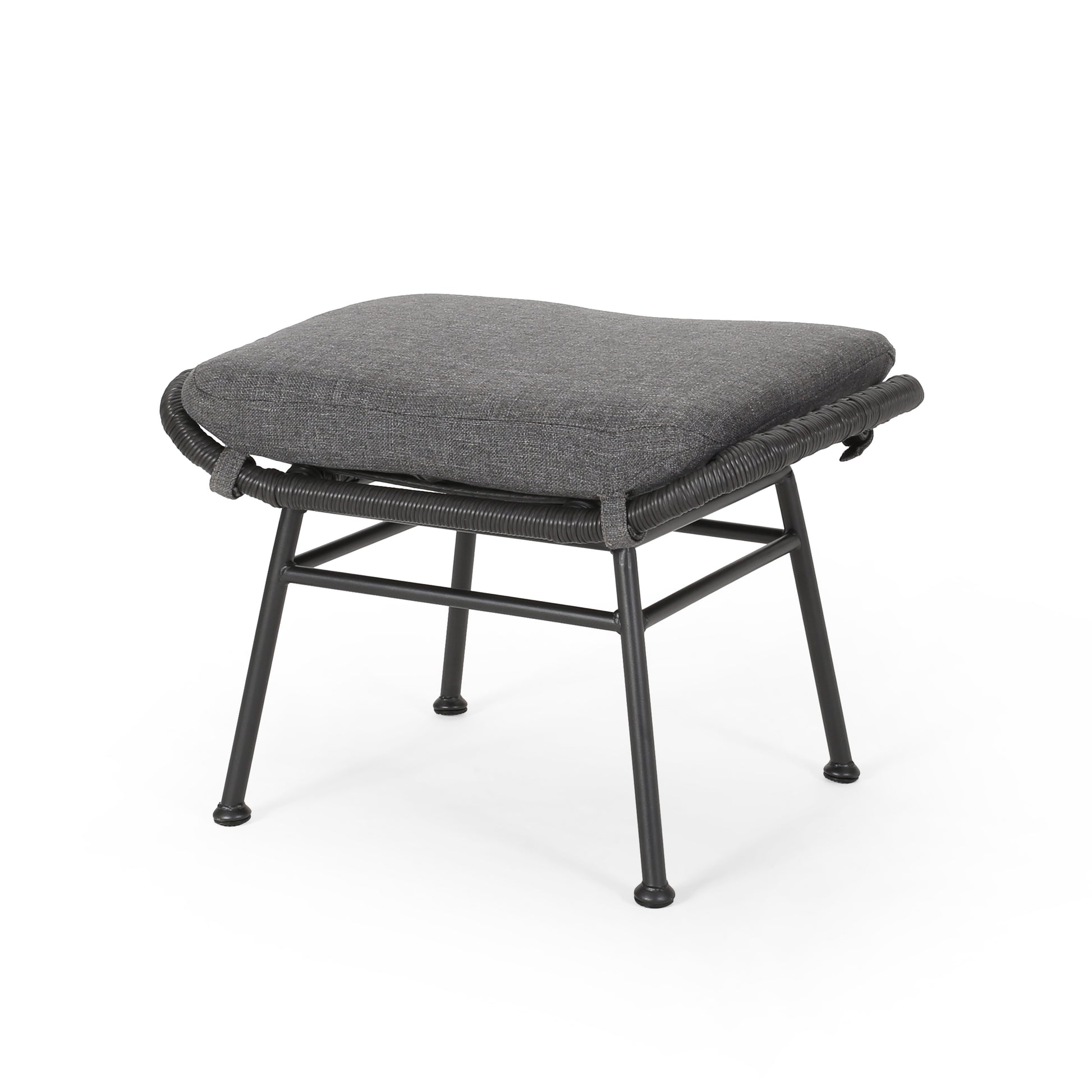 Grey cushioned rattan footstool with a black metal frame ideal for outdoor seating