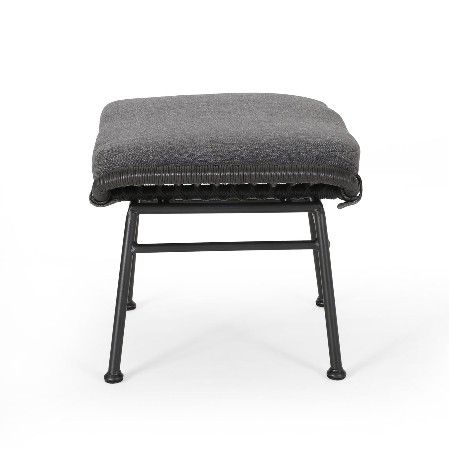 Padded grey fabric ottoman with black rattan weave and metal legs